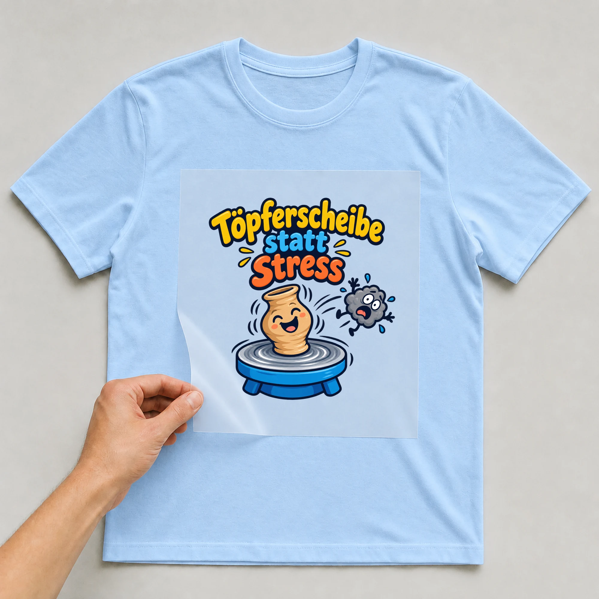 Bügelbild „Töpferscheibe statt Stress“ auf babyblauem T-Shirt, Folie wird aufgelegt