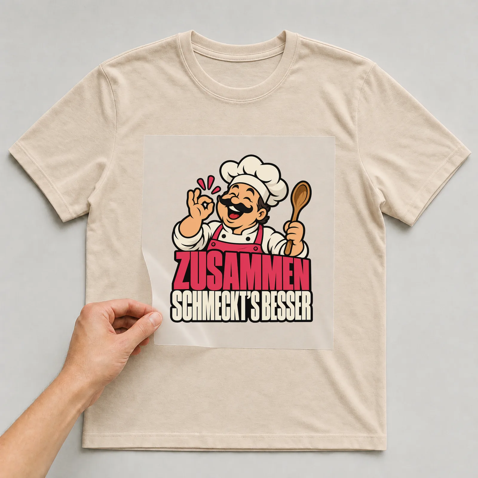 Bügelbild „Zusammen schmeckt’s besser“ auf beigem T-Shirt, Folie wird aufgelegt