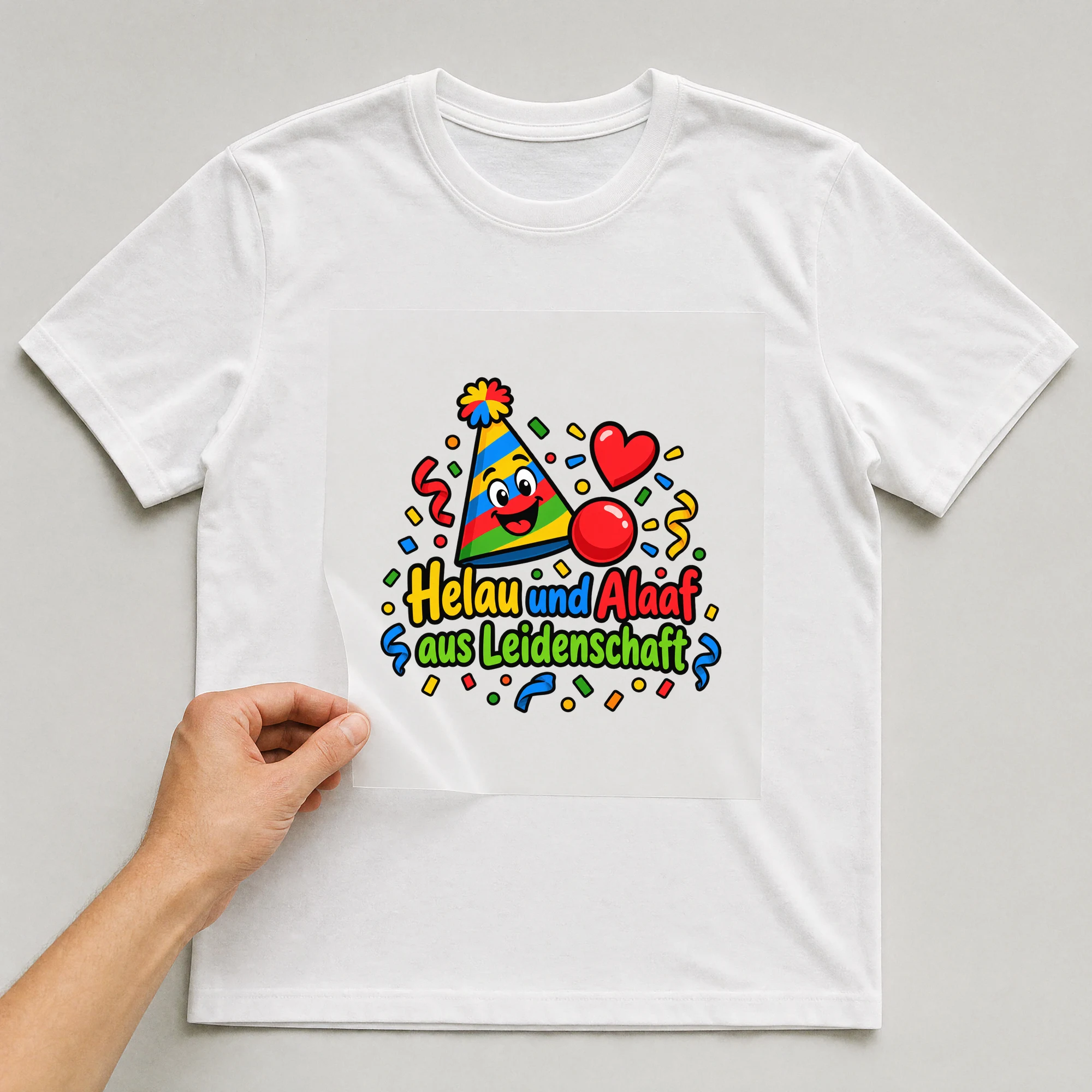 Bügelbild „Helau und Alaaf aus Leidenschaft“ auf weißem T-Shirt, Folie wird aufgelegt