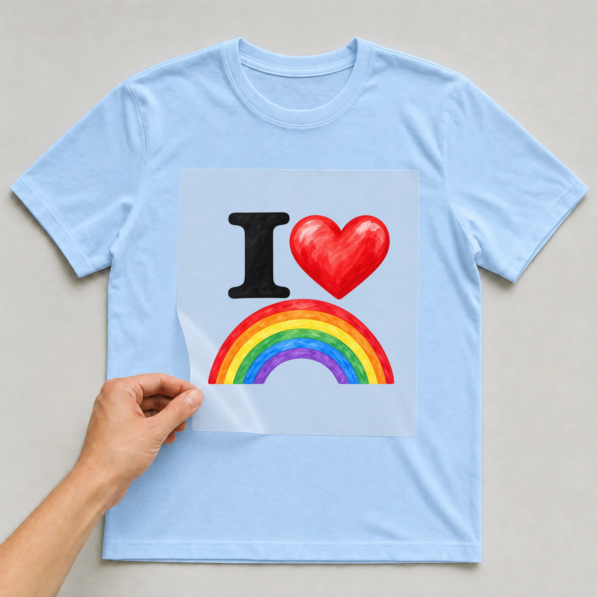 Bügelbild „I“ auf babyblauem T-Shirt, Folie wird aufgelegt