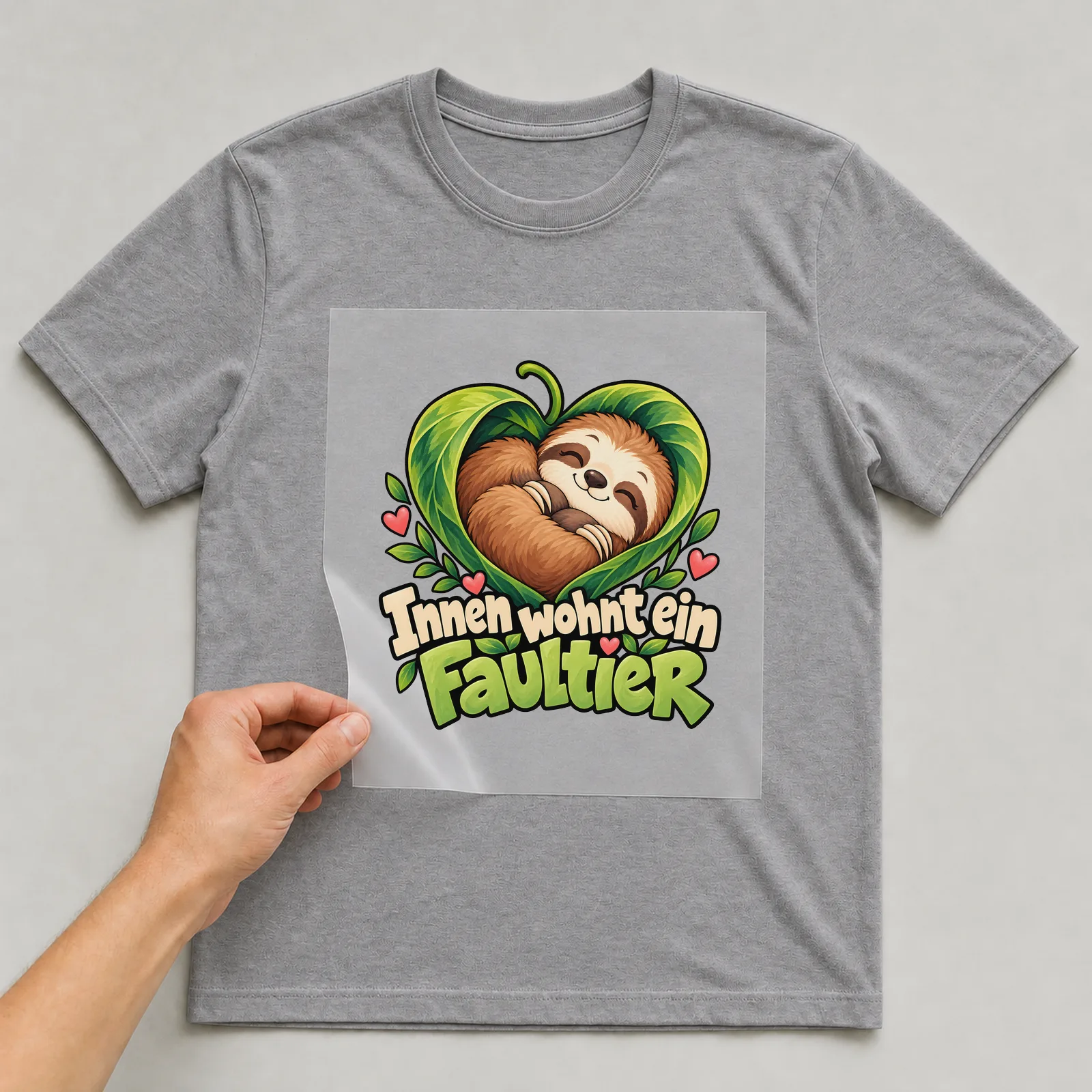 Bügelbild „Innen wohnt ein Faultier“ auf grauem T-Shirt, Folie wird aufgelegt