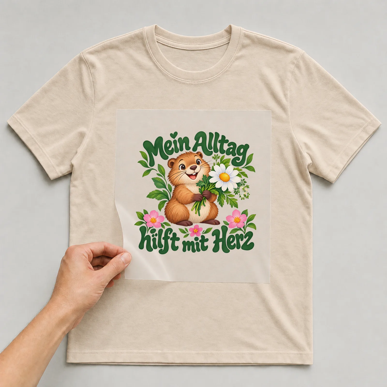 Bügelbild „Mein Alltag hilft mit Herz“ auf beigem T-Shirt, Folie wird aufgelegt