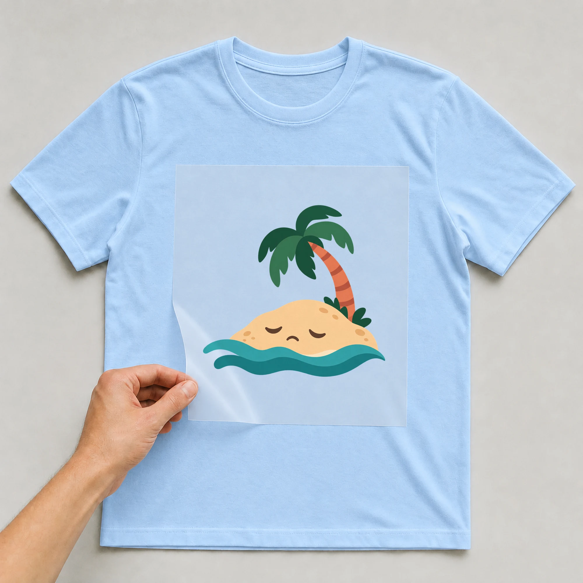 Bügelbild „Trauriger Strand“ auf babyblauem T-Shirt, Folie wird aufgelegt