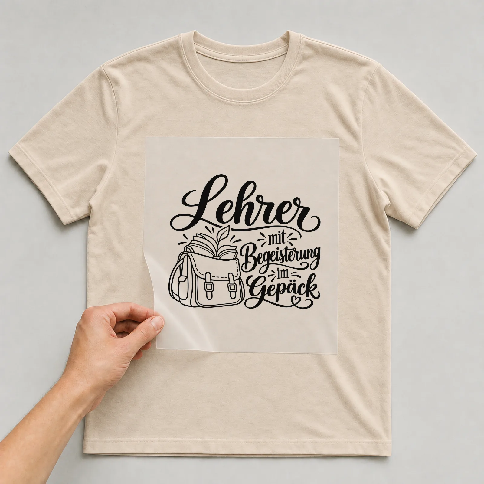 Bügelbild „Lehrer mit Begeisterung im Gepäck“ auf beigem T-Shirt, Folie wird aufgelegt