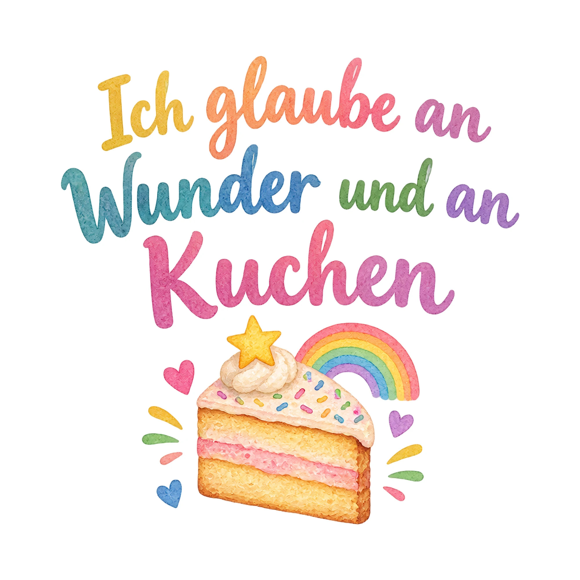 Bügelbild Ich glaube an Wunder und an Kuchen als Grafik auf weißem Hintergrund (BB018777)