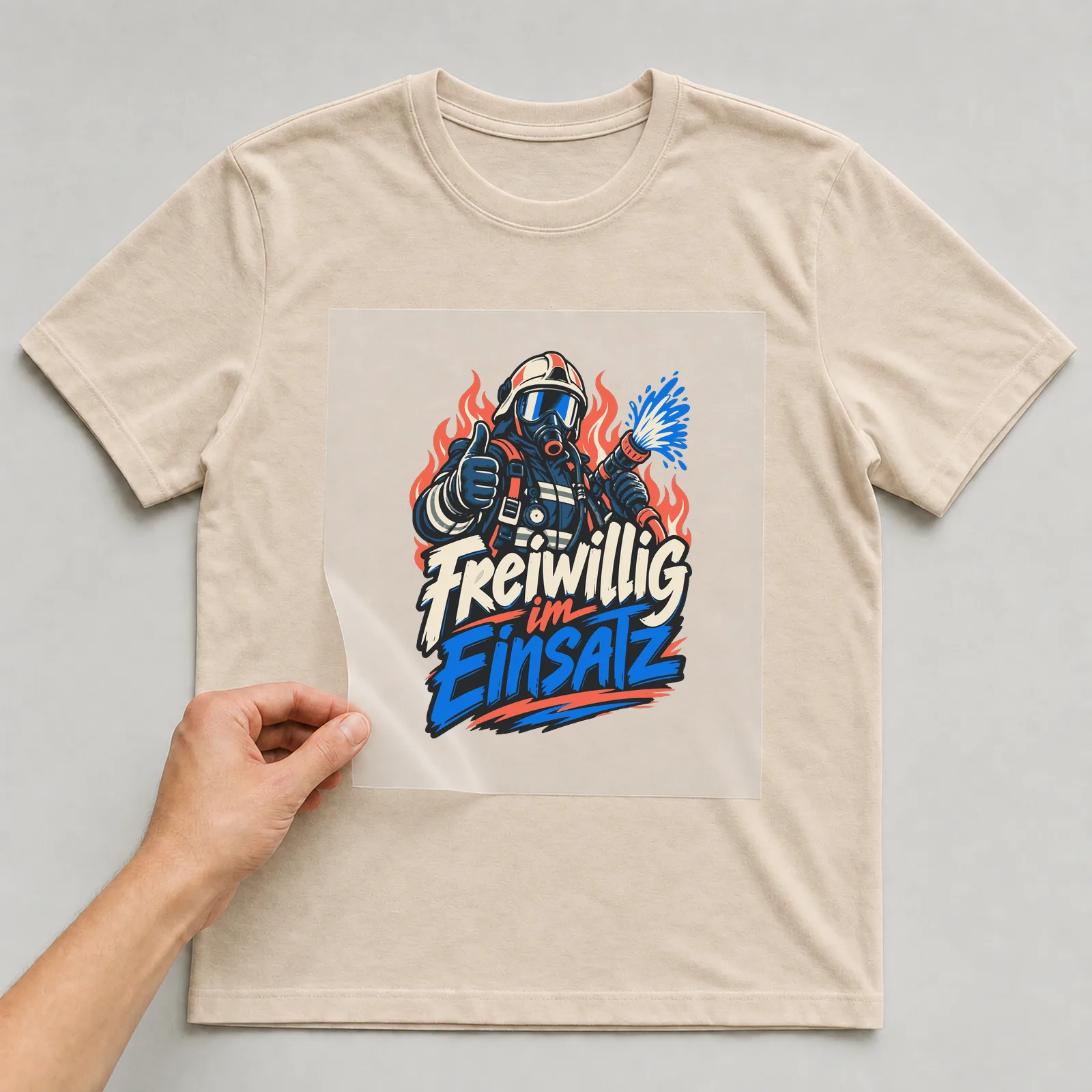 Bügelbild Freiwillig im Einsatz auf beigem T-Shirt, Folie wird aufgelegt