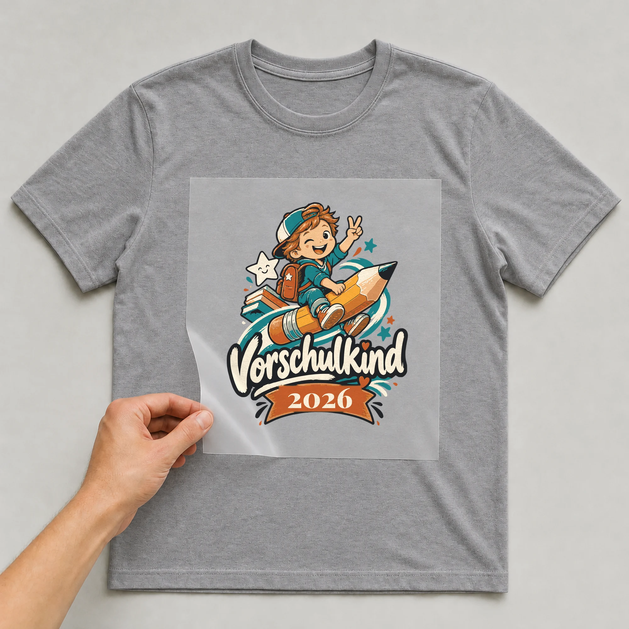 Bügelbild Vorschulkind mit Jahr auf grauem T-Shirt, Folie wird aufgelegt