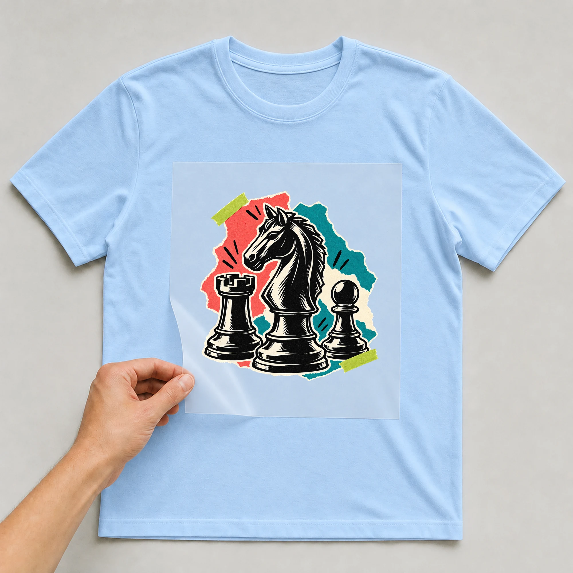 Bügelbild „Pop Art Schach“ auf babyblauem T-Shirt, Folie wird aufgelegt
