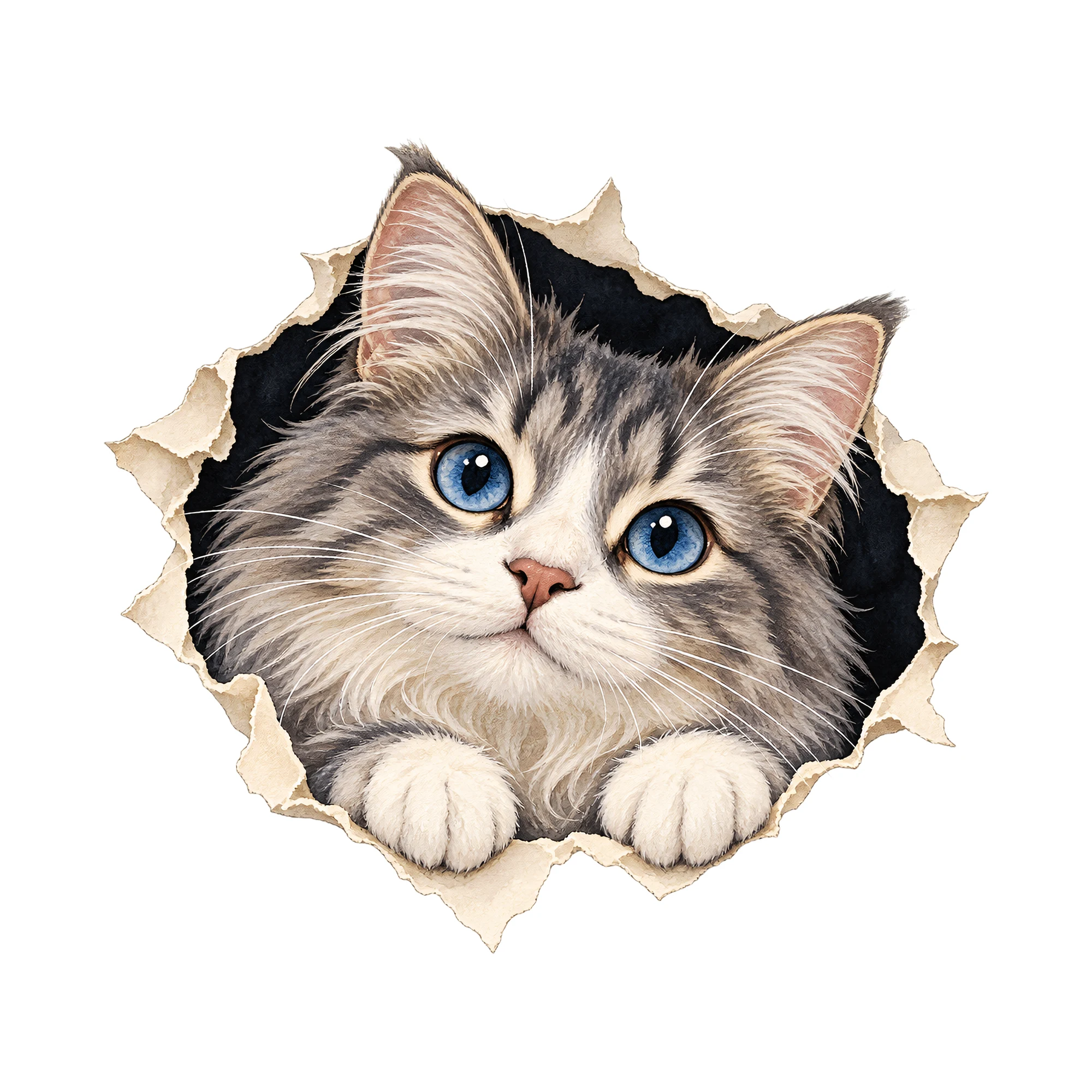 Bügelbild Katze Schaut Durch Ein Guckloch, Tiere Shirt Motiv als Grafik auf weißem Hintergrund (BB016177)