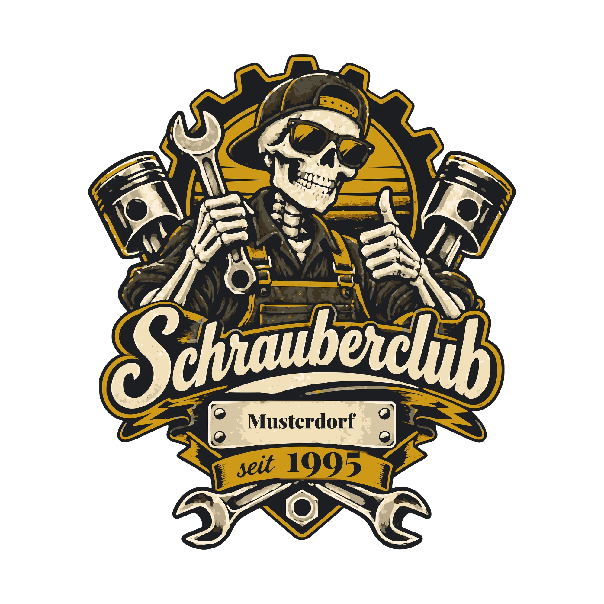 Bügelbild Schrauberclub mit Ort und Jahr als Grafik auf weißem Hintergrund (BB011224)