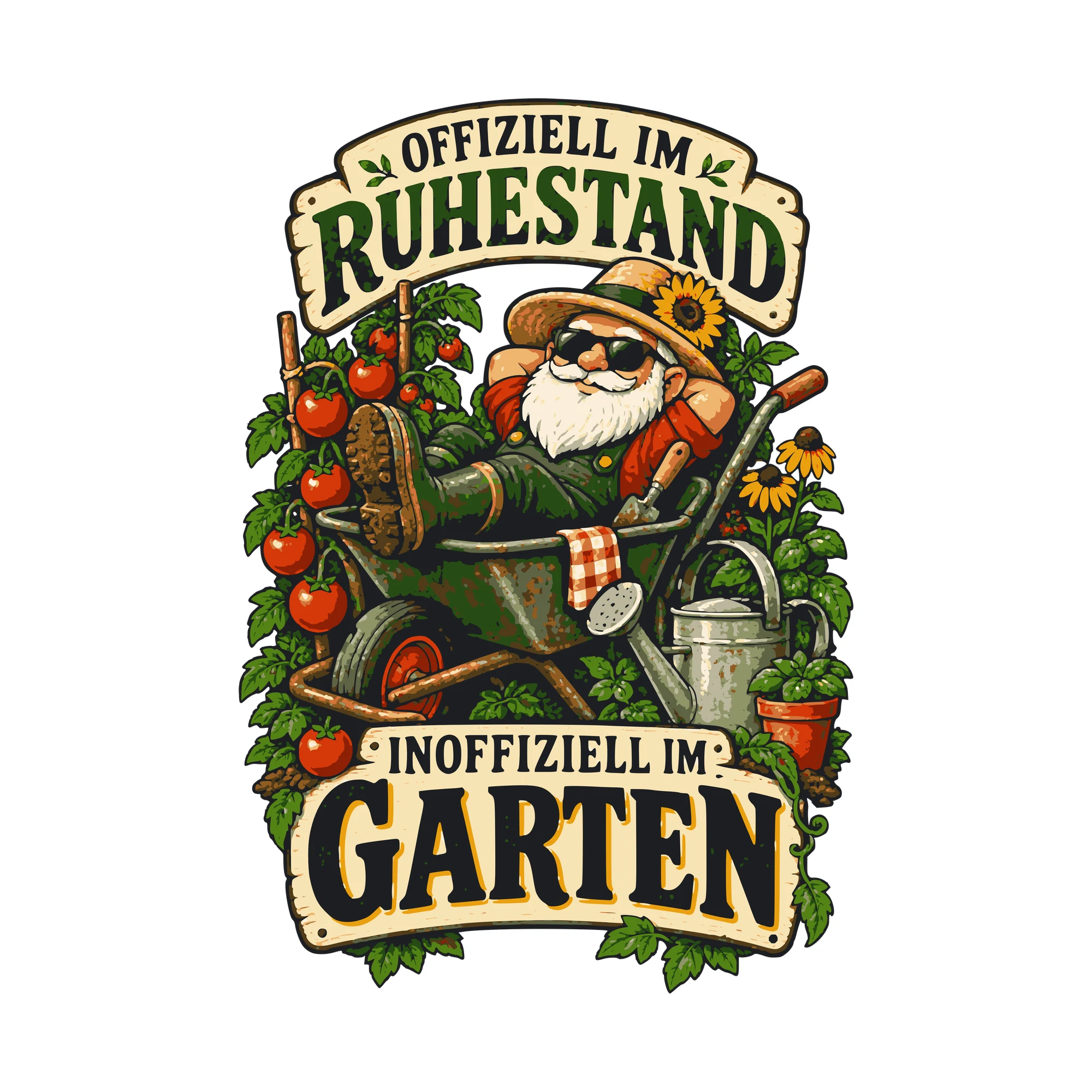Bügelbild Offiziell im Ruhestand, inoffiziell im Garten als Grafik auf weißem Hintergrund (BB011038)