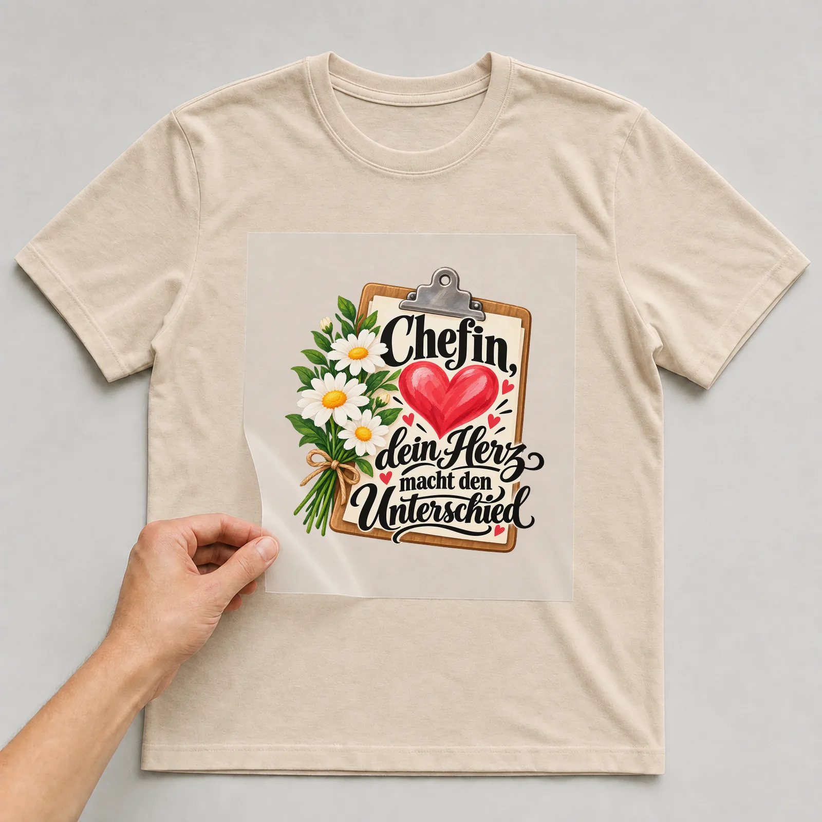 Bügelbild „Chefin, dein Herz macht den Unterschied“ auf beigem T-Shirt, Folie wird aufgelegt