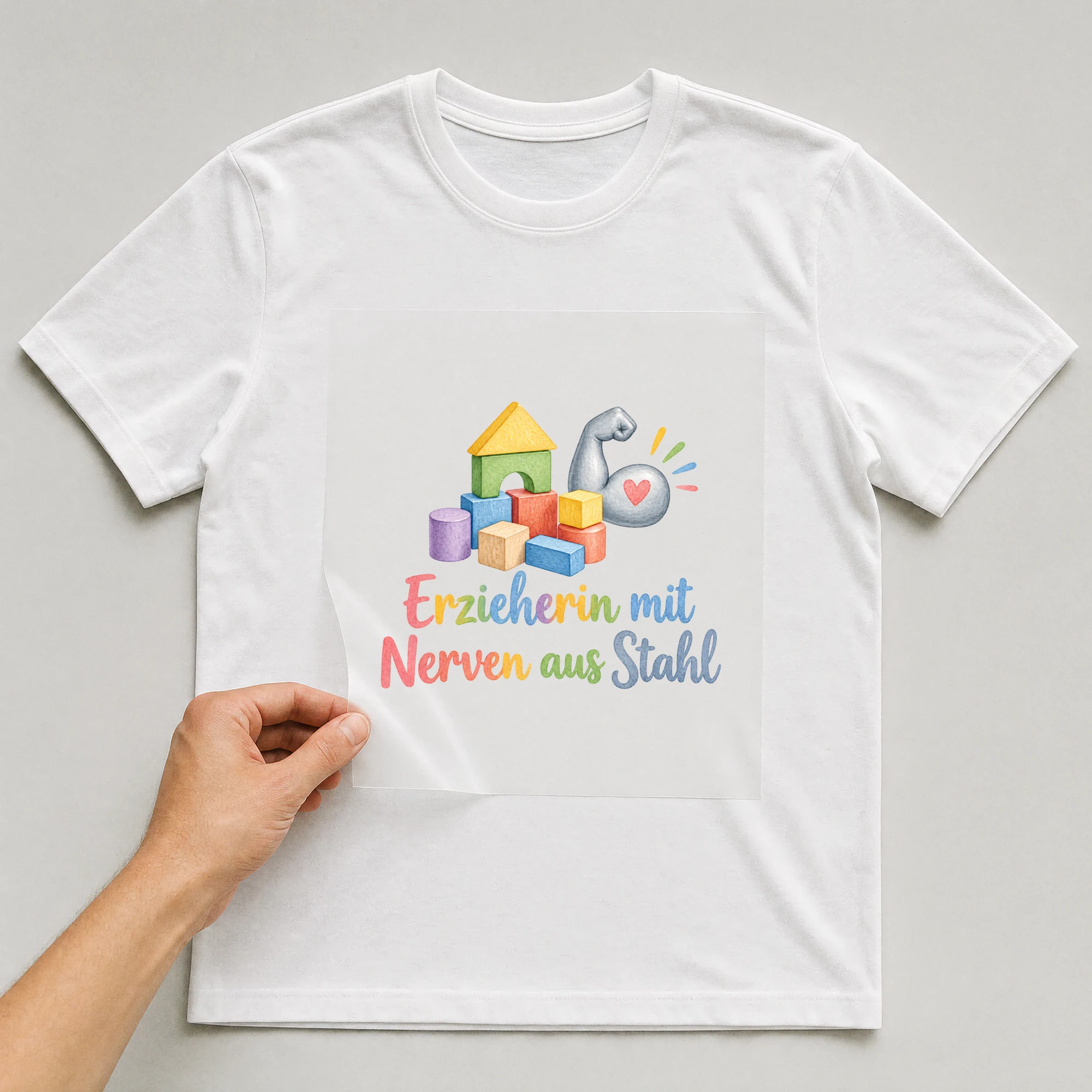 Bügelbild „Erzieherin mit Nerven aus Stahl“ auf weißem T-Shirt, Folie wird aufgelegt