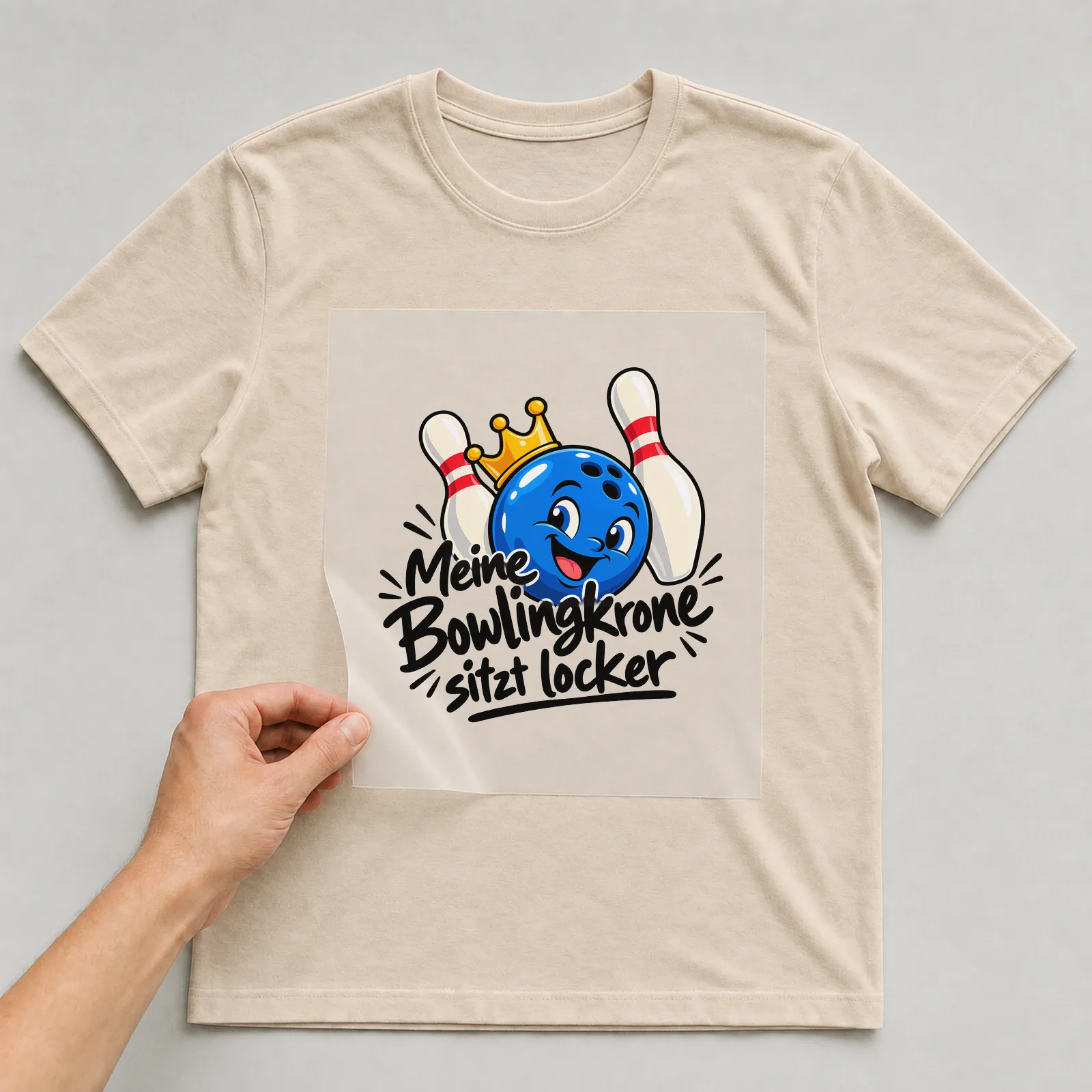 Bügelbild „Meine Bowlingkrone sitzt locker“ auf beigem T-Shirt, Folie wird aufgelegt
