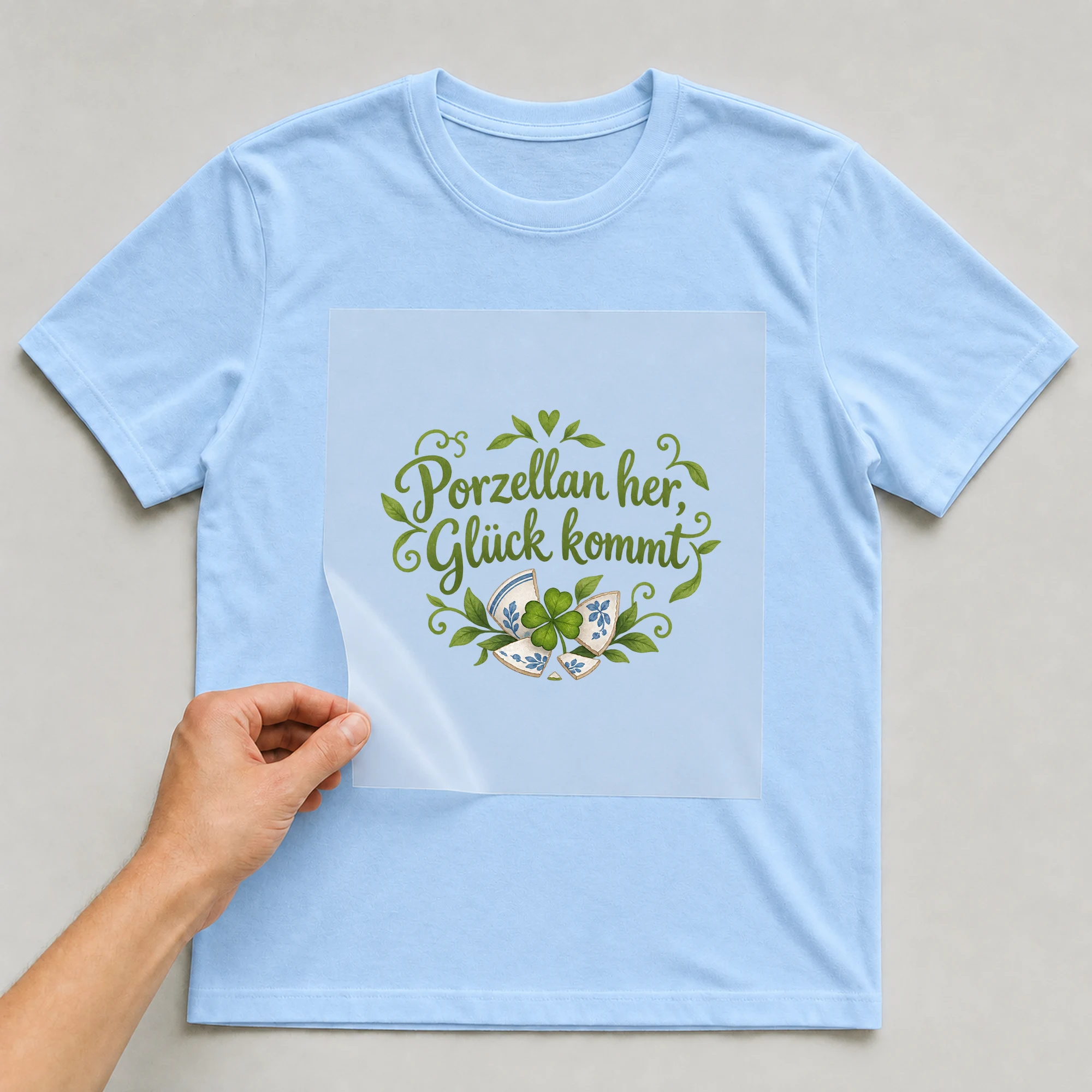 Bügelbild „Porzellan her, Glück kommt“ auf babyblauem T-Shirt, Folie wird aufgelegt