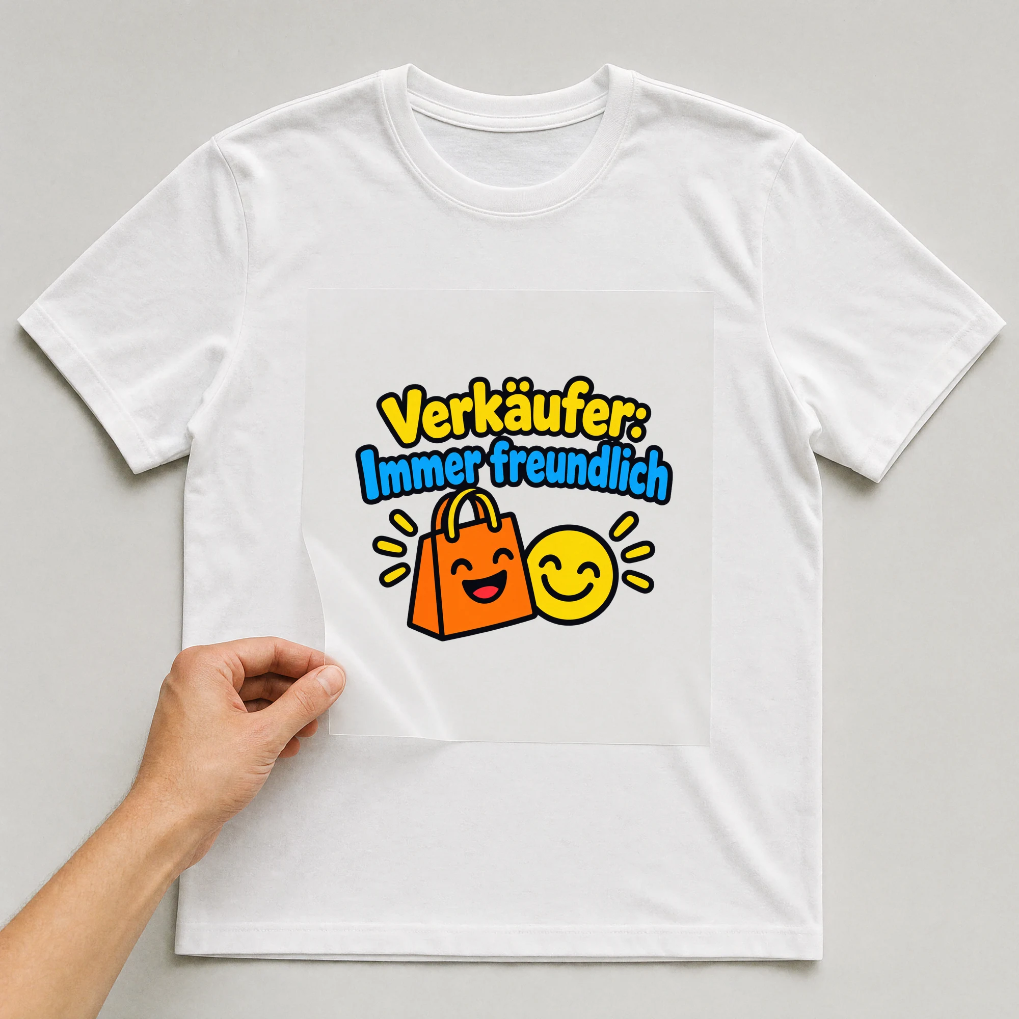 Bügelbild „Verkäufer: Immer freundlich“ auf weißem T-Shirt, Folie wird aufgelegt