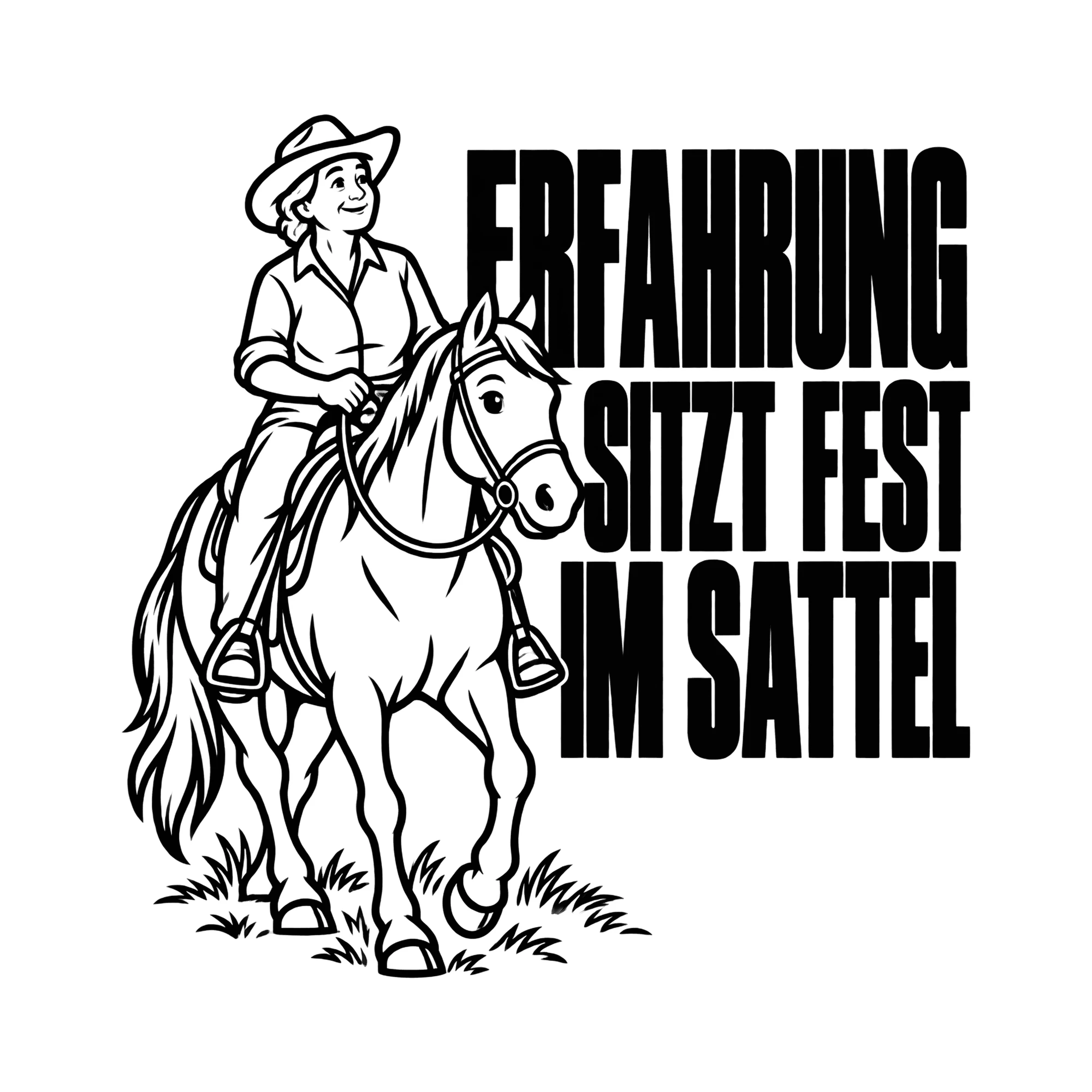 Bügelbild ERFAHRUNG SITZT FEST IM SATTEL als Grafik auf weißem Hintergrund (BB012978)