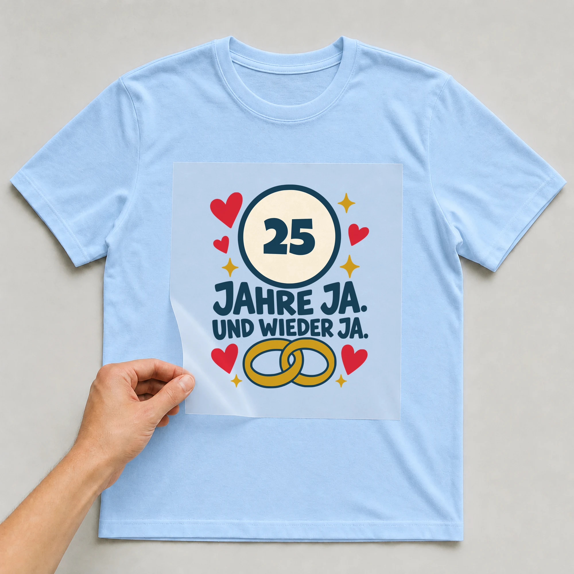 Bügelbild Jahre Ja. Und wieder Ja. mit Zahl auf hellblauem T-Shirt, Folie wird aufgelegt