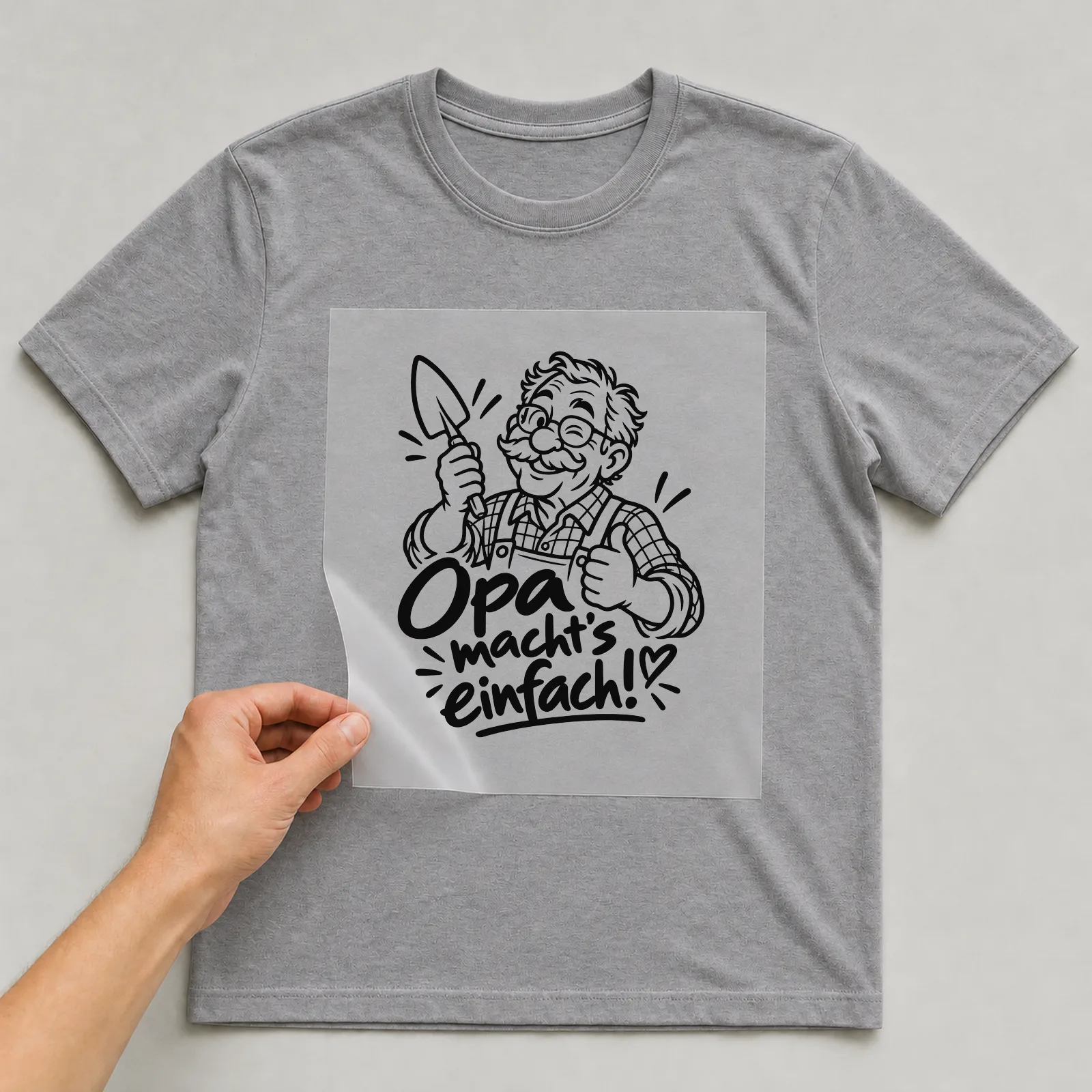 Bügelbild „Opa macht’s einfach!“ auf grauem T-Shirt, Folie wird aufgelegt