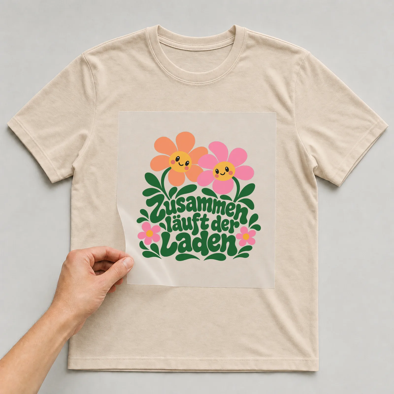 Bügelbild „Zusammen läuft der Laden“ auf beigem T-Shirt, Folie wird aufgelegt