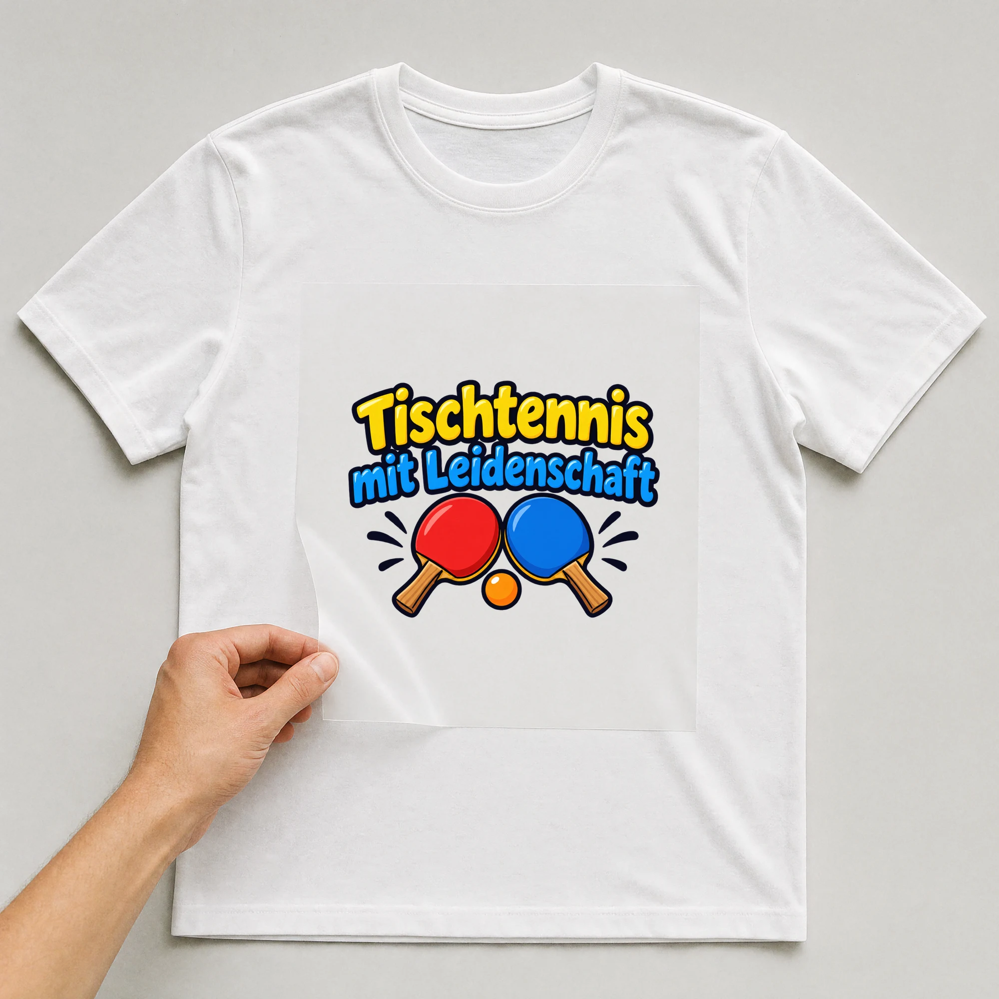 Bügelbild „Tischtennis mit Leidenschaft“ auf weißem T-Shirt, Folie wird aufgelegt