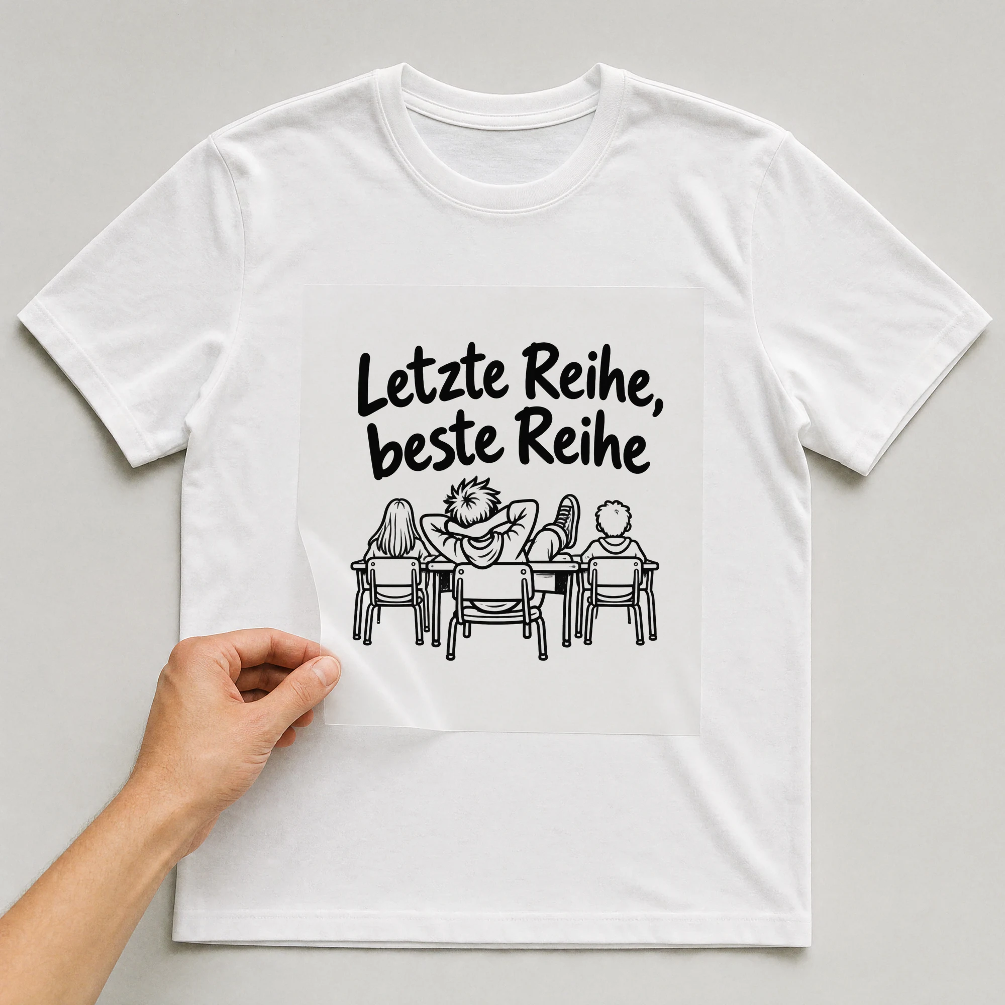 Bügelbild „Letzte Reihe, beste Reihe“ auf weißem T-Shirt, Folie wird aufgelegt