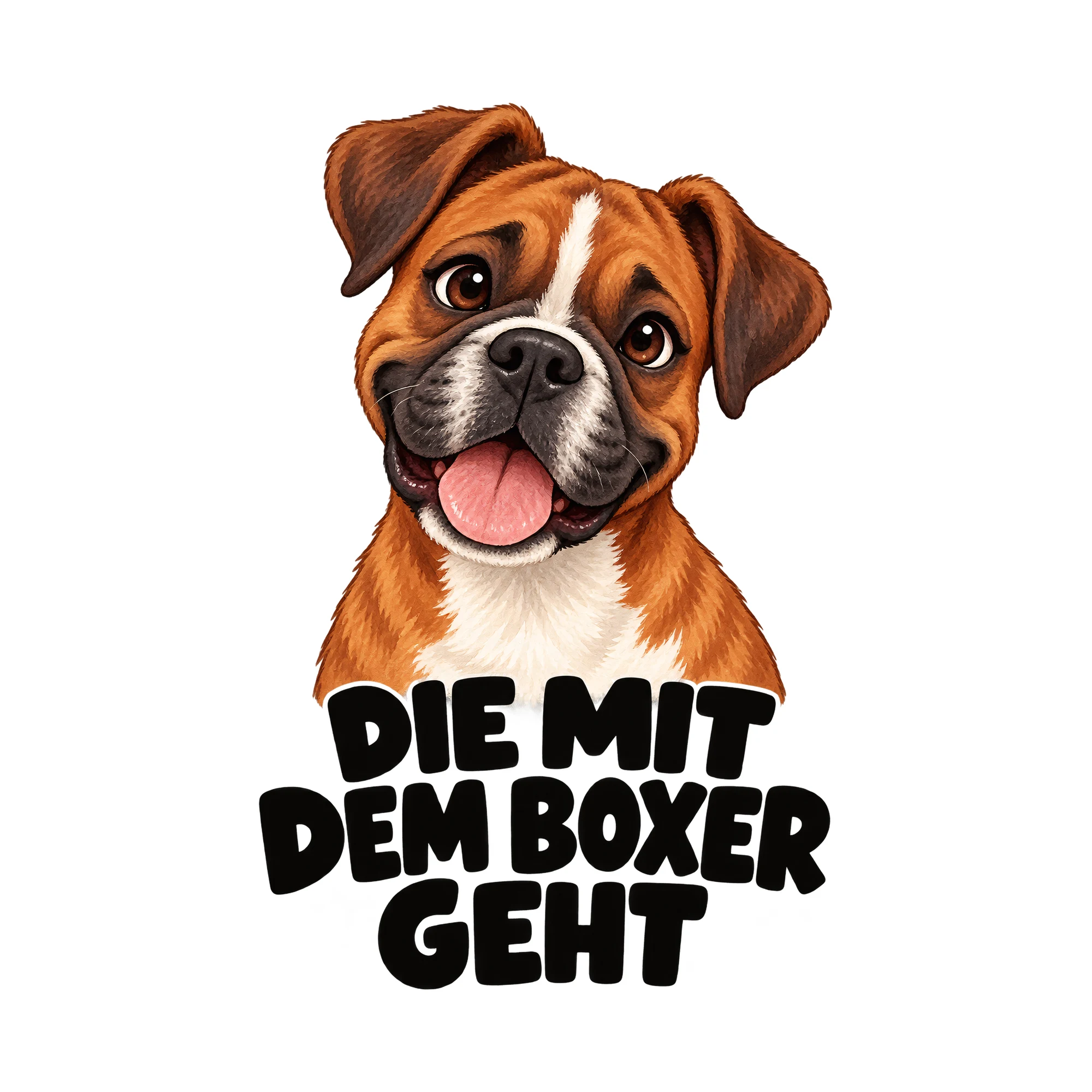 Bügelbild „Die mit dem Boxer geht“, Tiere Shirt Spruch als Grafik auf weißem Hintergrund (BB016147)