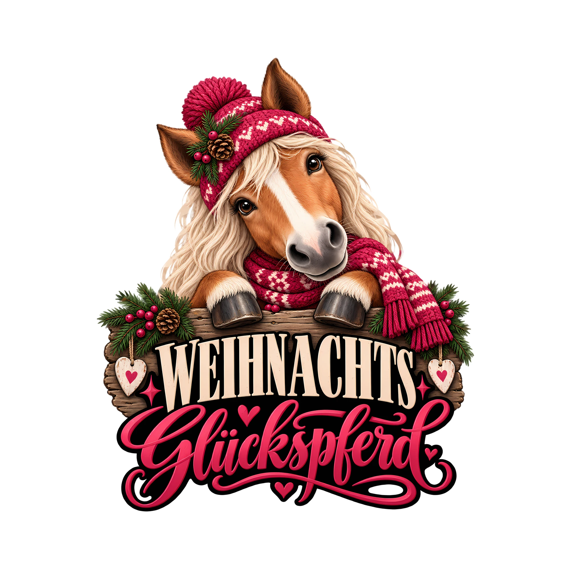Bügelbild Weihnachts Glückspferd als Grafik auf weißem Hintergrund (BB013904)
