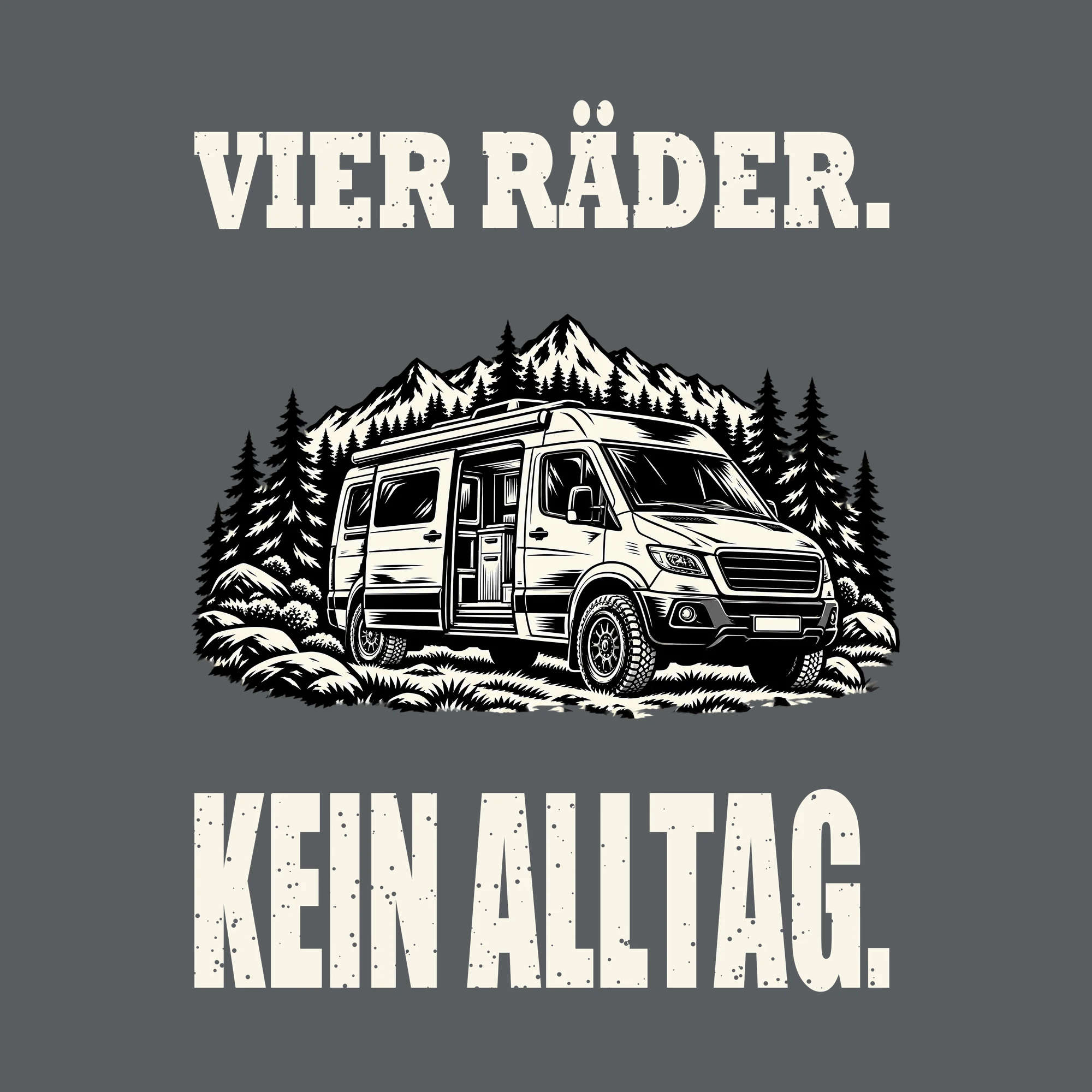 Bügelbild VIER RÄDER. KEIN ALLTAG. als Grafik auf dunklem Hintergrund (BB012677)