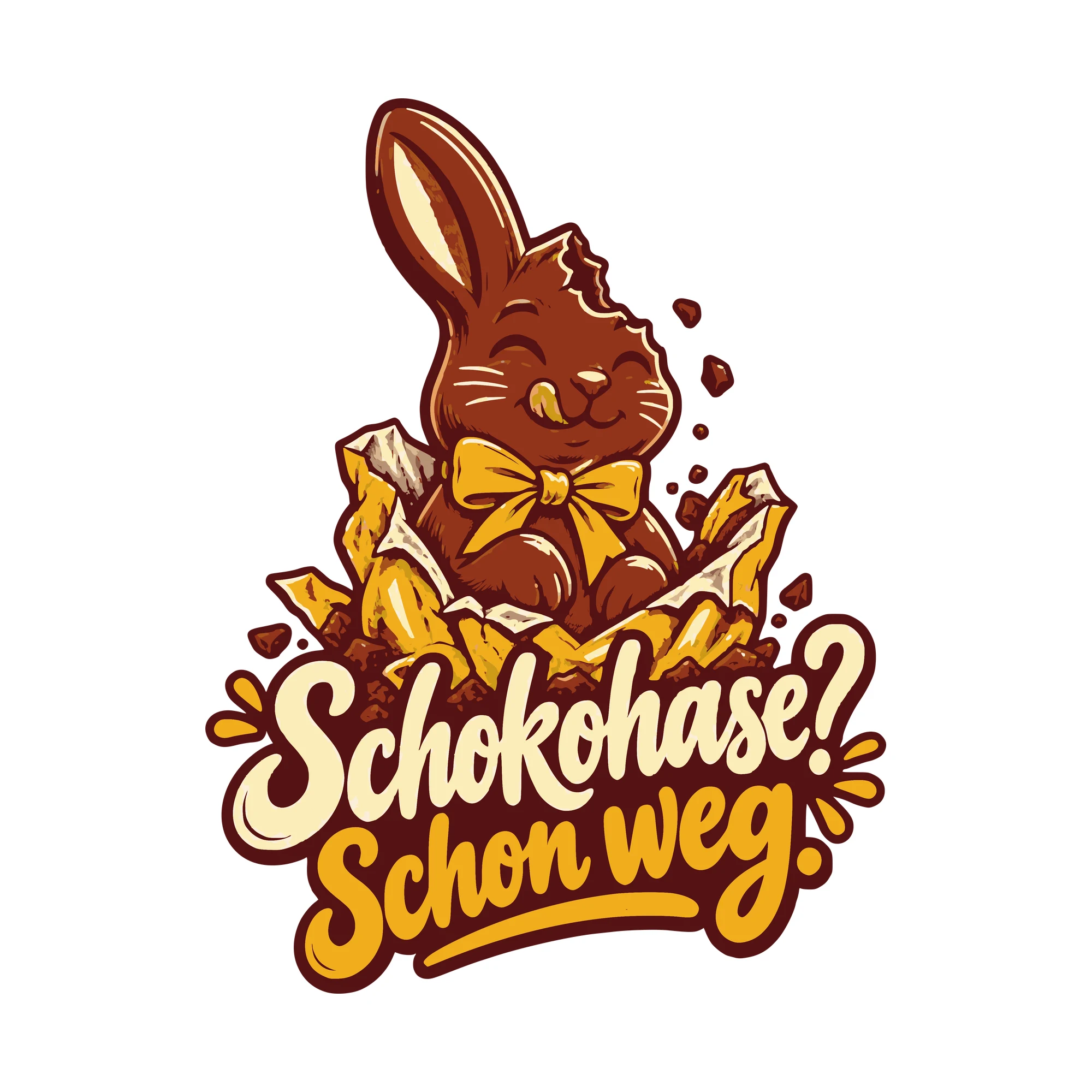 Bügelbild Schokohase? Schon weg. als Grafik auf weißem Hintergrund (BB011212)
