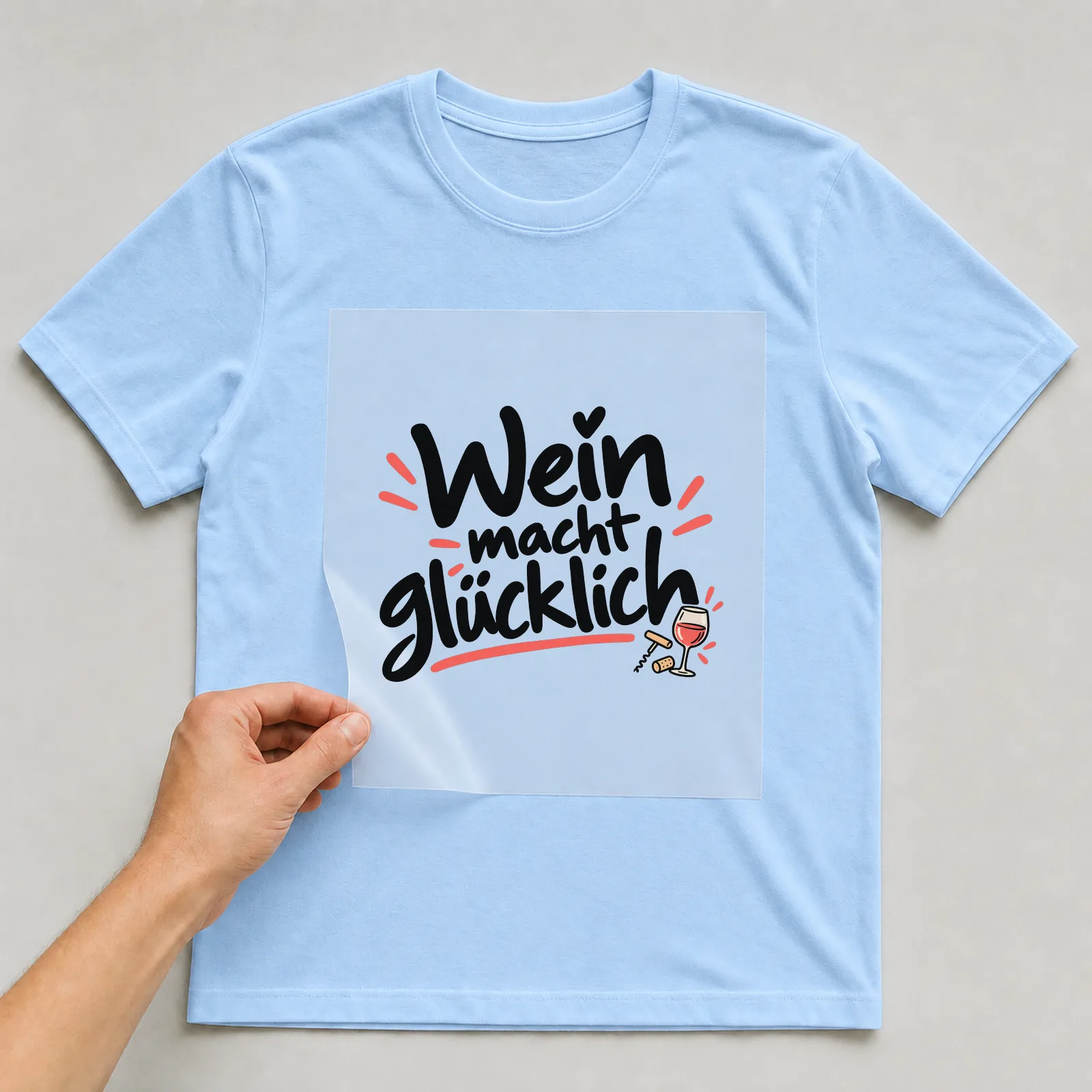 Bügelbild „Wein macht glücklich“ (frecher Handschrift) auf hellblauem T-Shirt, Folie wird aufgelegt