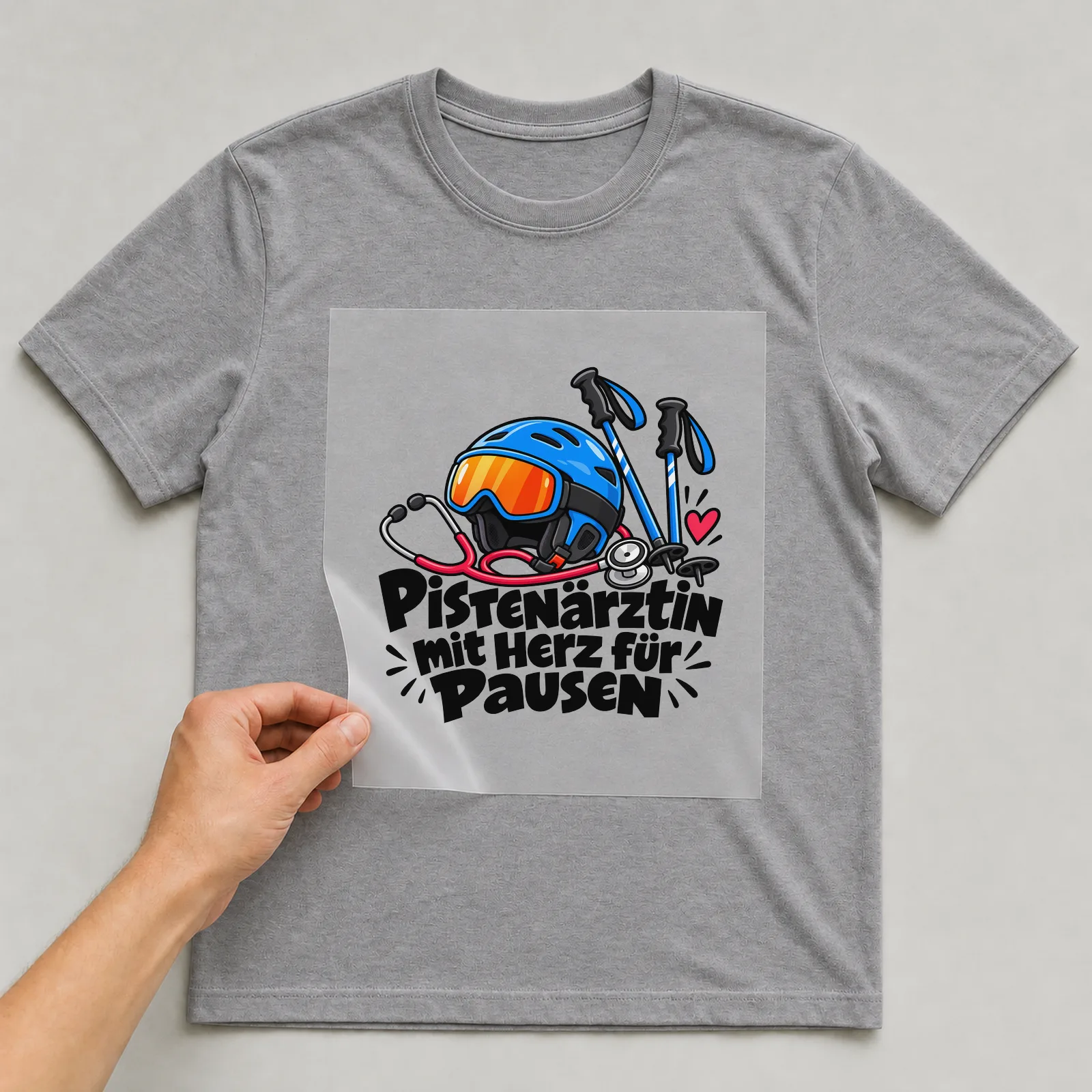 Bügelbild „Pistenärztin mit Herz für Pausen“ auf grauem T-Shirt, Folie wird aufgelegt