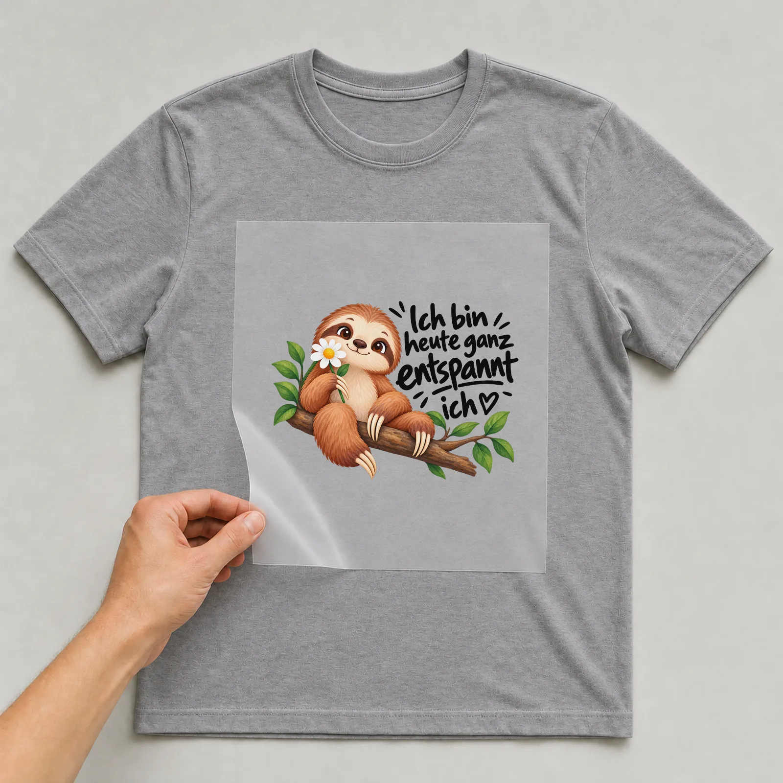 Bügelbild „Ich bin heute ganz entspannt ich“ auf grauem T-Shirt, Folie wird aufgelegt