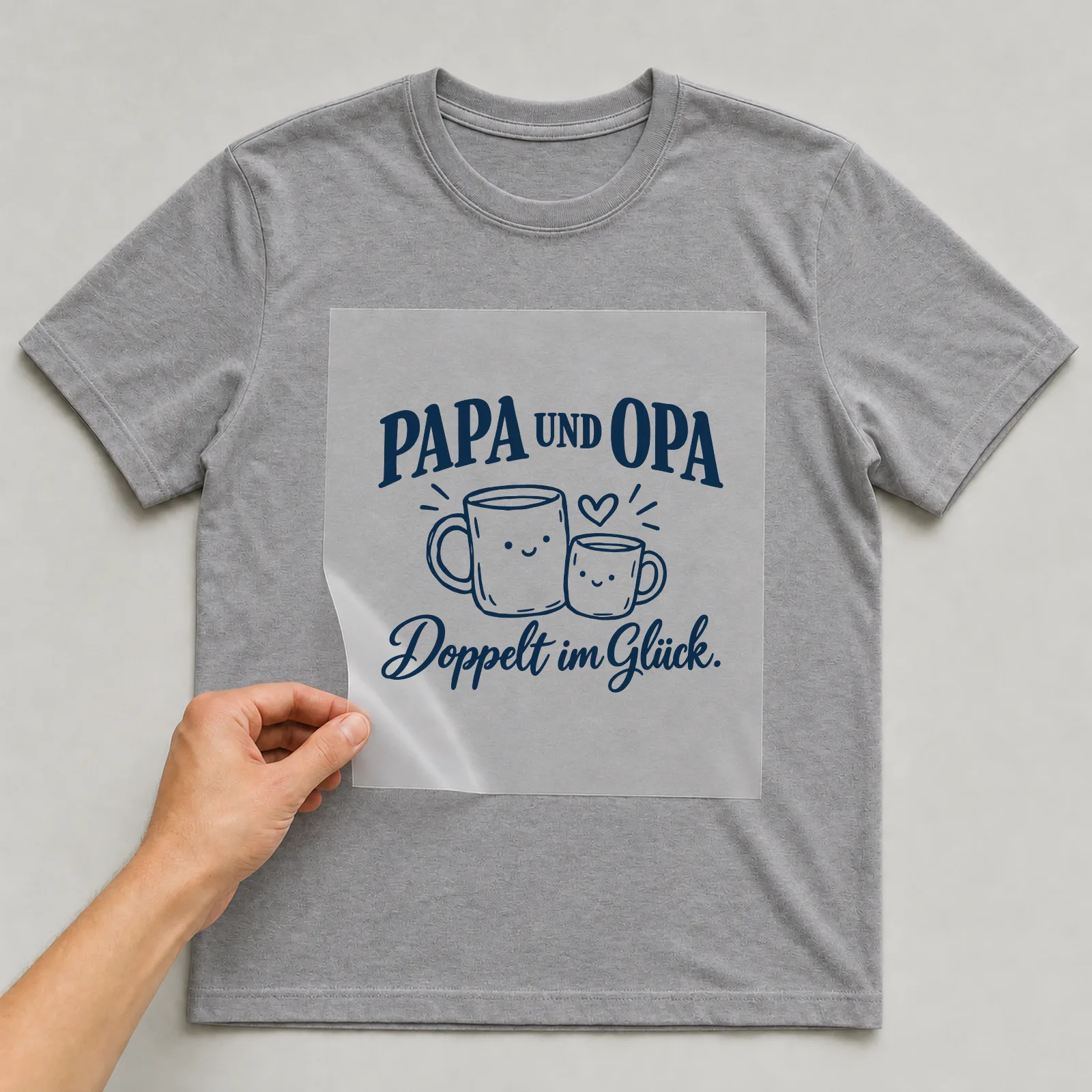 Bügelbild „Papa und Opa. Doppelt im Glück.“ auf grauem T-Shirt, Folie wird aufgelegt