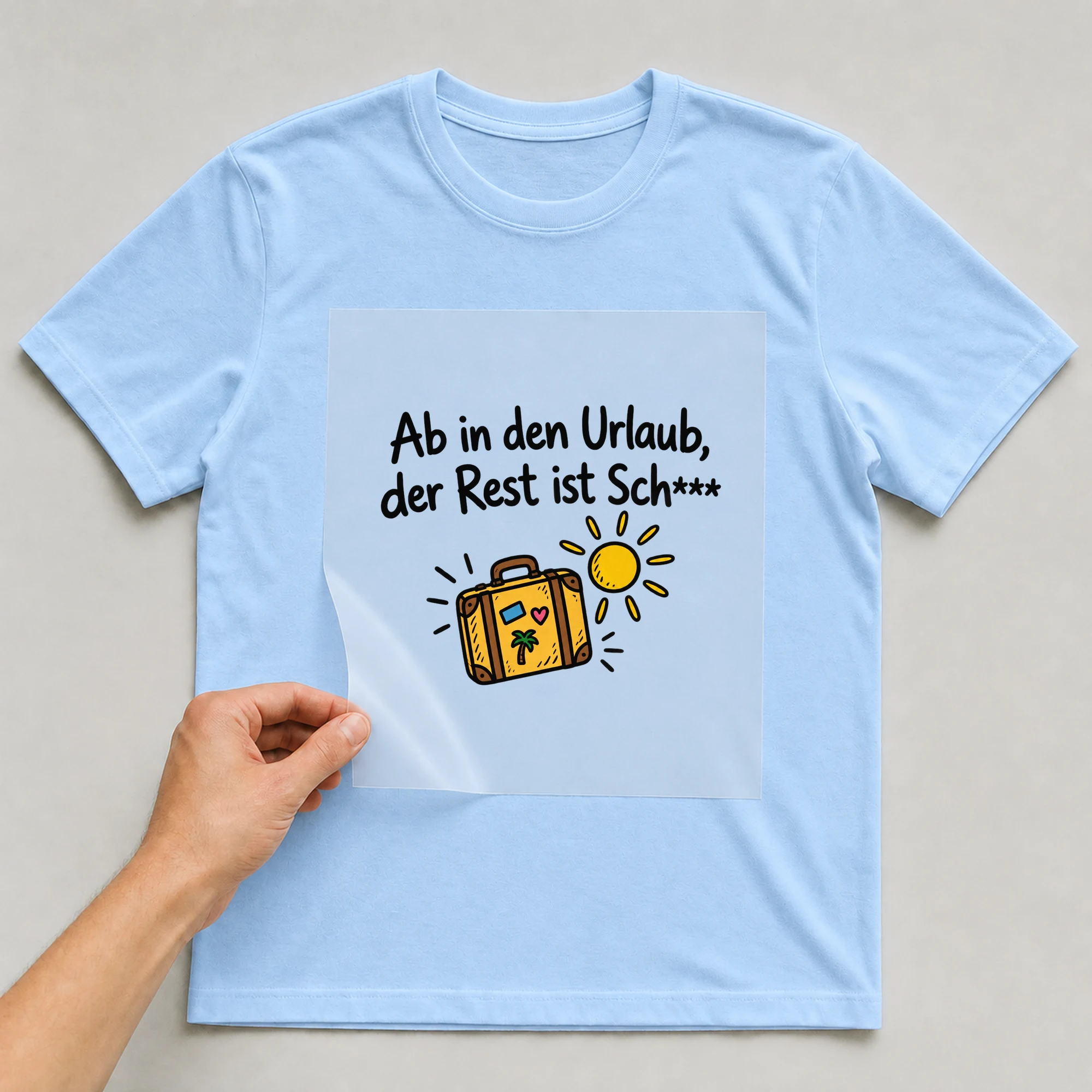 Bügelbild „Ab in den Urlaub, der Rest ist Sch***“ auf babyblauem T-Shirt, Folie wird aufgelegt