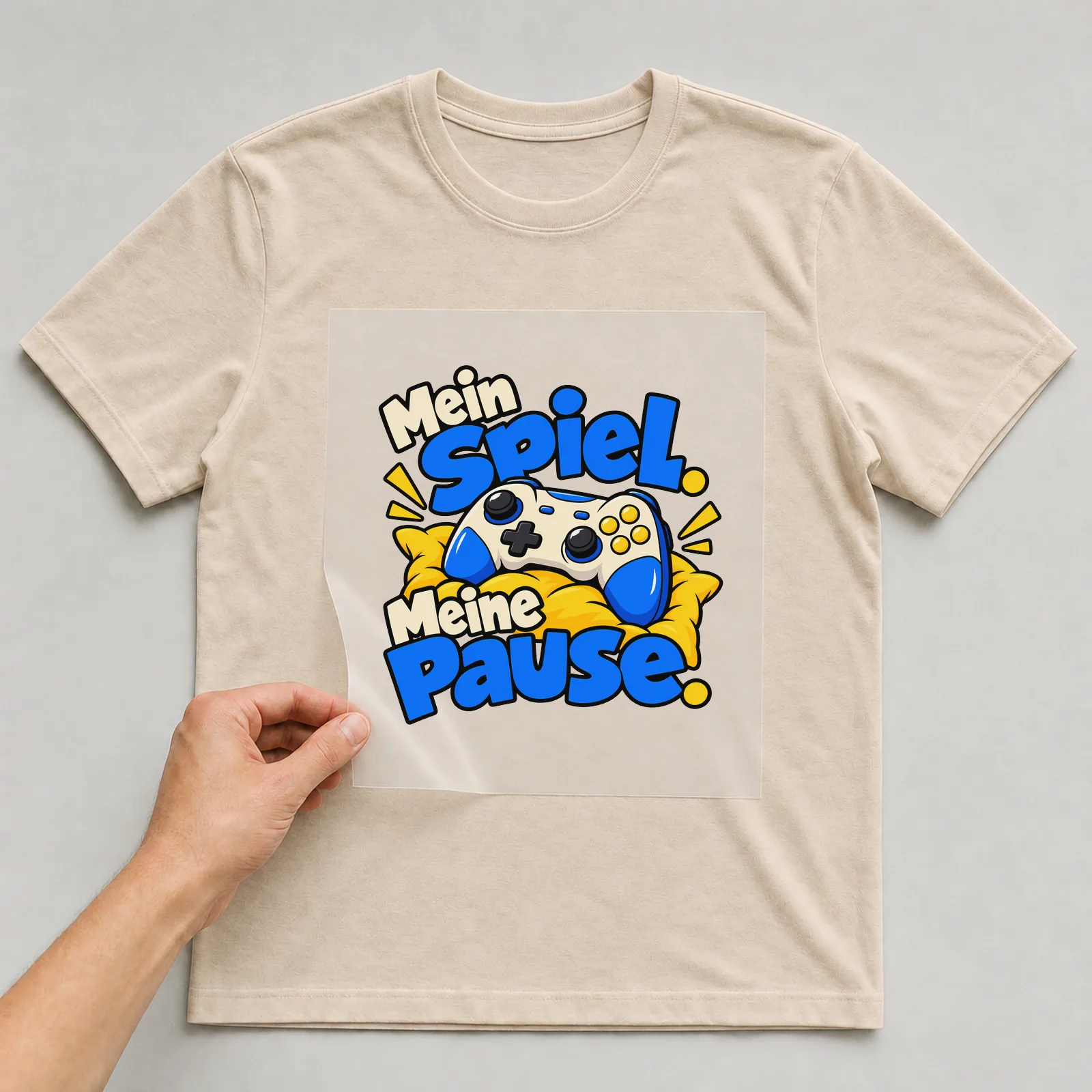 Bügelbild „Mein Spiel. Meine Pause.“ auf beigem T-Shirt, Folie wird aufgelegt