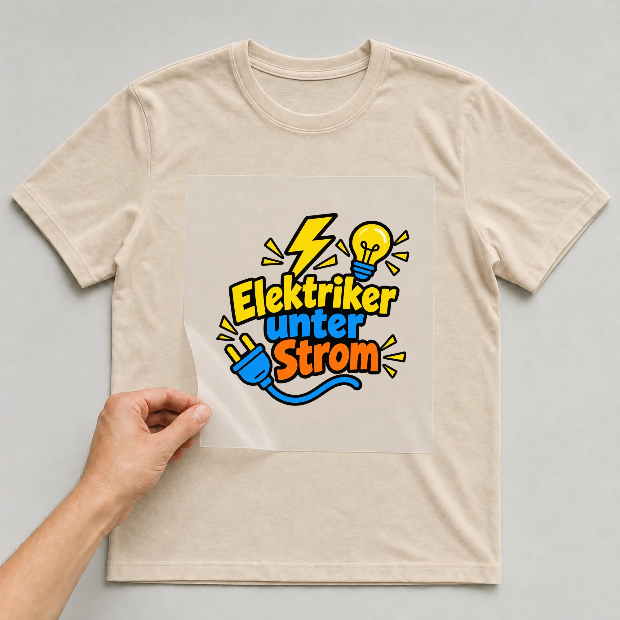 Bügelbild „Elektriker unter Strom“ auf beigem T-Shirt, Folie wird aufgelegt