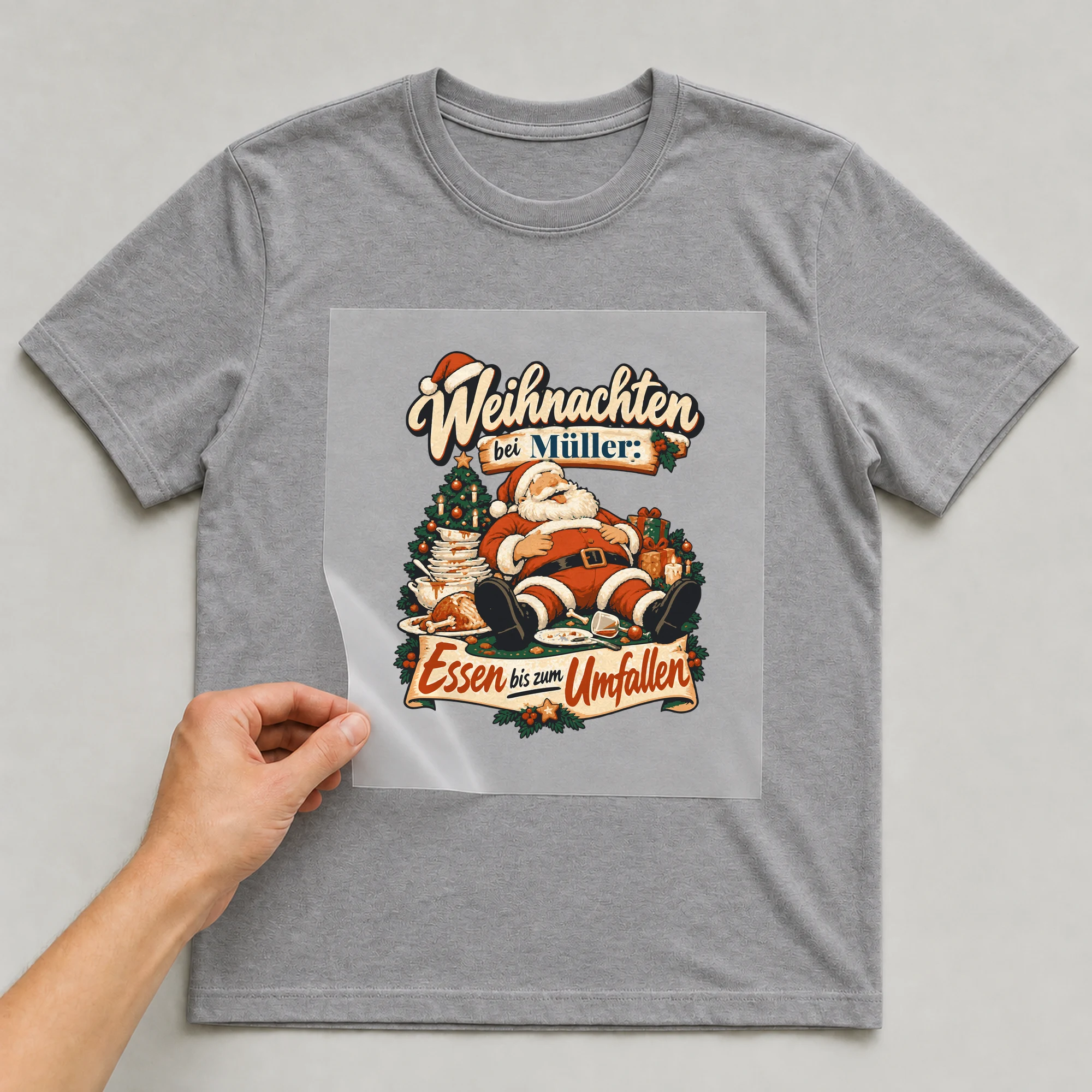 Bügelbild Weihnachten: Essen bis zum Umfallen mit Nachname auf grauem T-Shirt, Folie wird aufgelegt