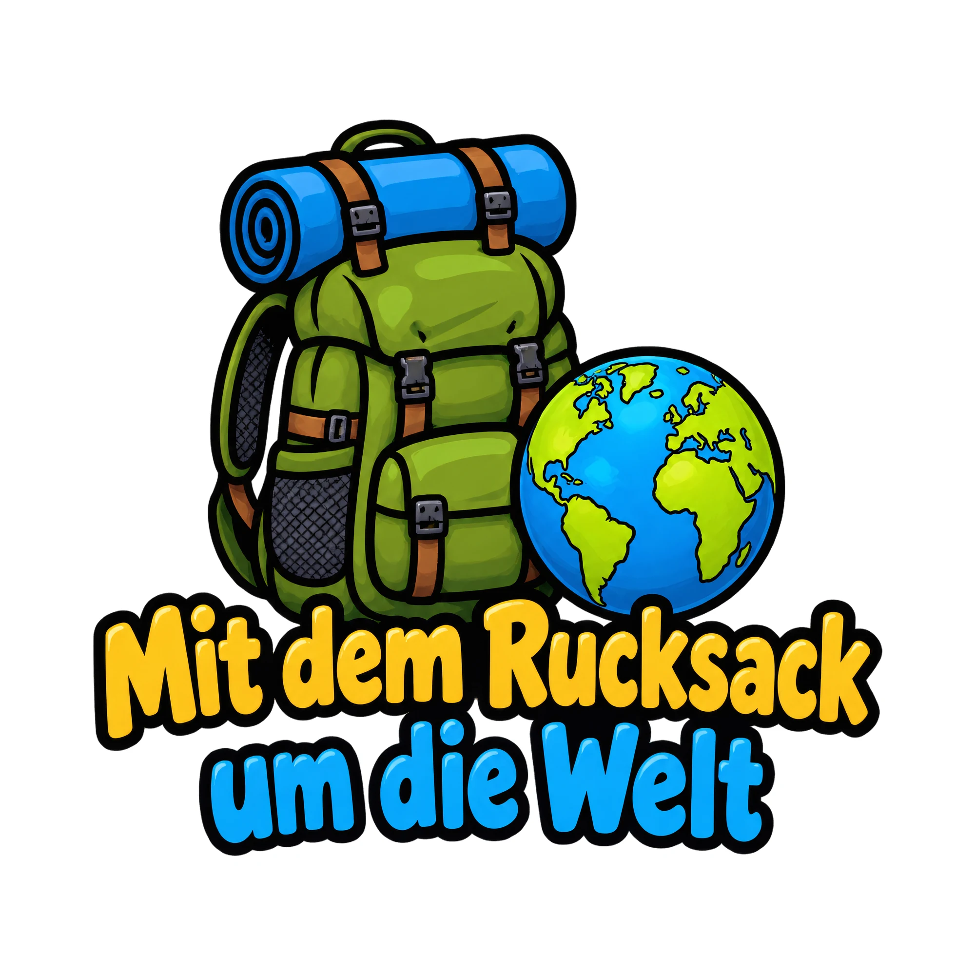 Bügelbild Mit dem Rucksack um die Welt als Grafik auf weißem Hintergrund (BB018436)