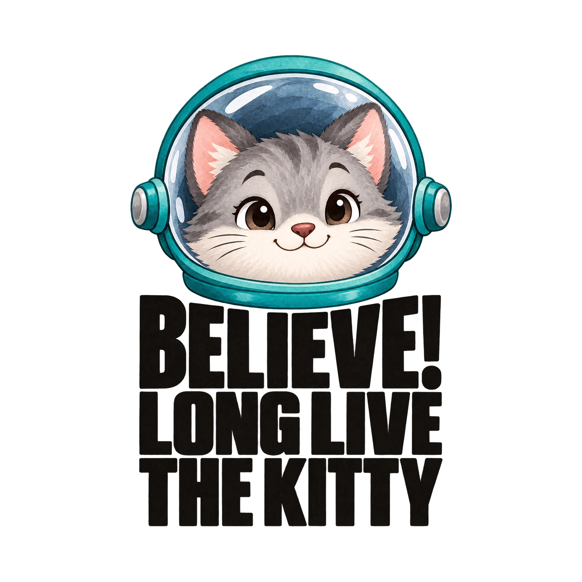 Bügelbild Believe! Long Live The Kitty, Lustiger Shirt Spruch als Grafik auf weißem Hintergrund (BB016006)
