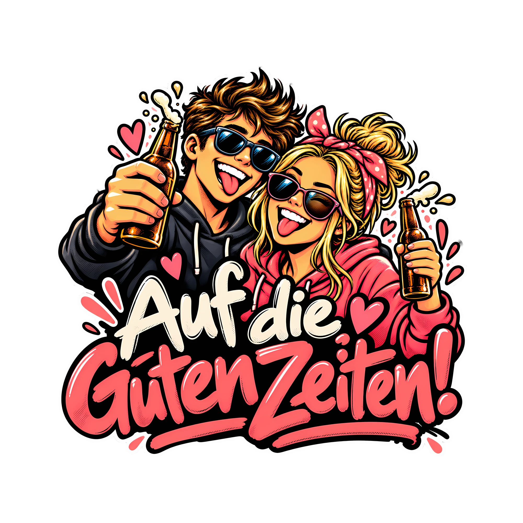 Bügelbild Auf die guten Zeiten! als Grafik auf weißem Hintergrund (BB011879)