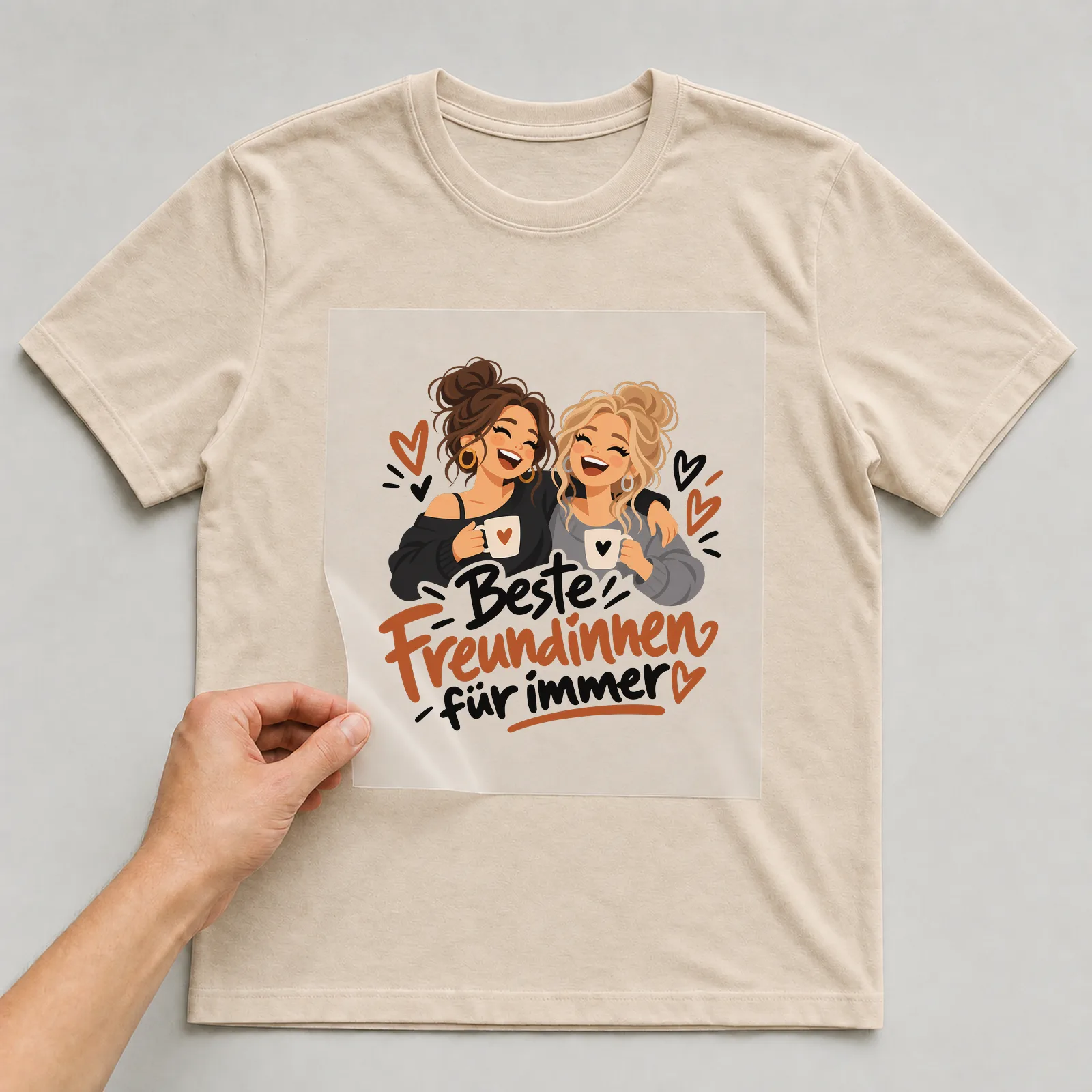 Bügelbild „Beste Freundinnen für immer“ auf beigem T-Shirt, Folie wird aufgelegt