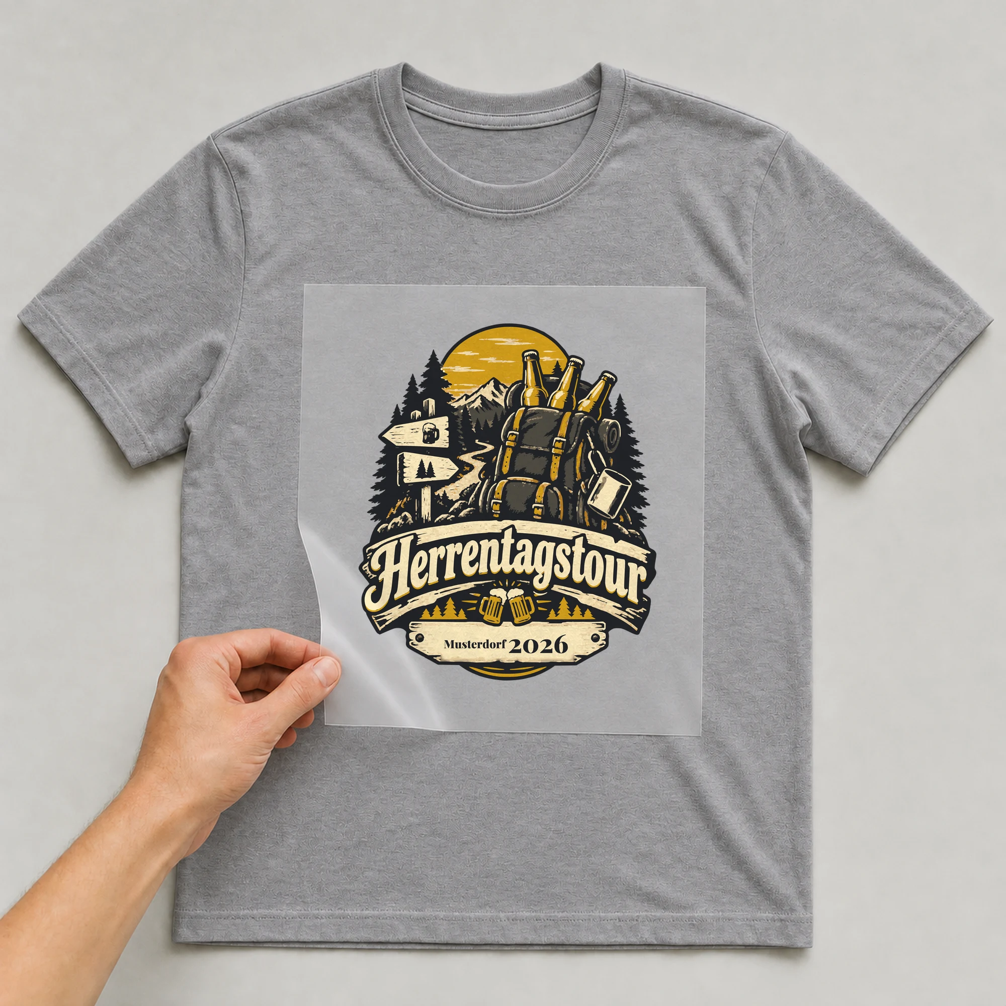 Bügelbild Herrentagstour mit Ort und Jahr auf grauem T-Shirt, Folie wird aufgelegt