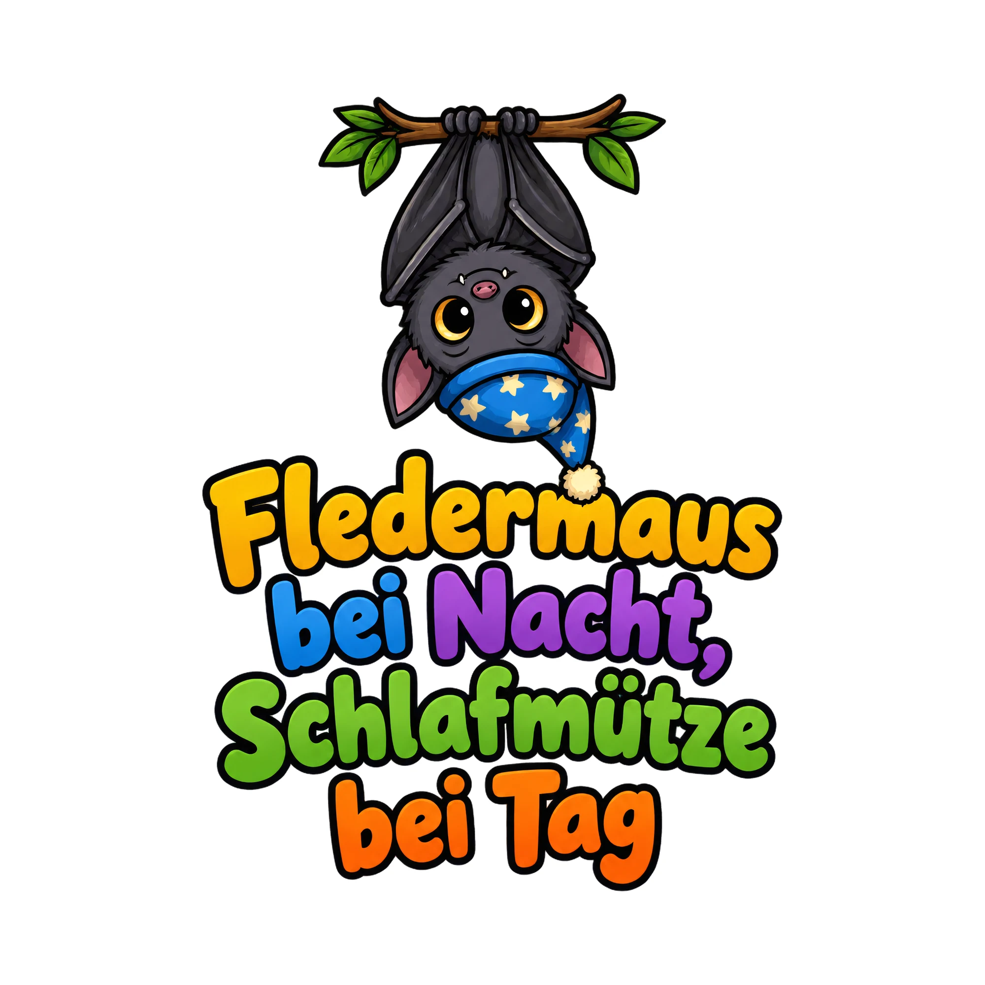 Bügelbild Fledermaus bei Nacht, Schlafmütze bei Tag, Tiere Shirt Spruch als Grafik auf weißem Hintergrund (BB016608)