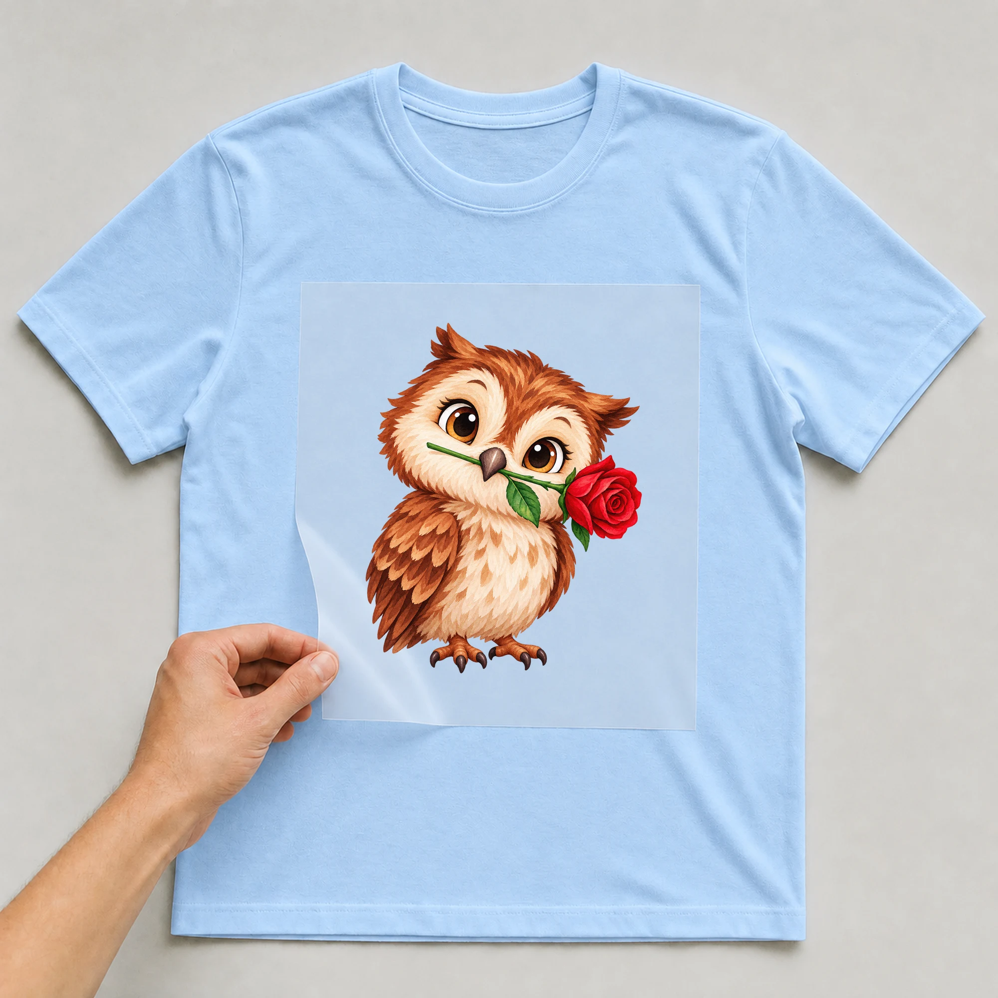 Bügelbild „Valentinstag Eule“ auf babyblauem T-Shirt, Folie wird aufgelegt