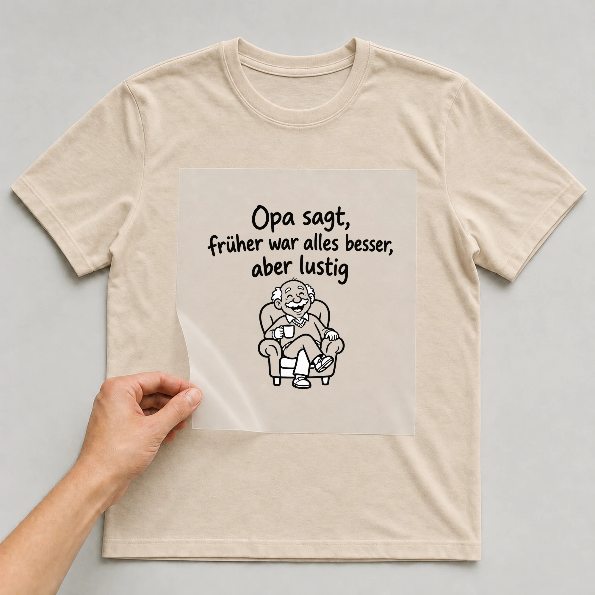Bügelbild „Opa sagt, früher war alles besser, aber lustig“ auf beigem T-Shirt, Folie wird aufgelegt