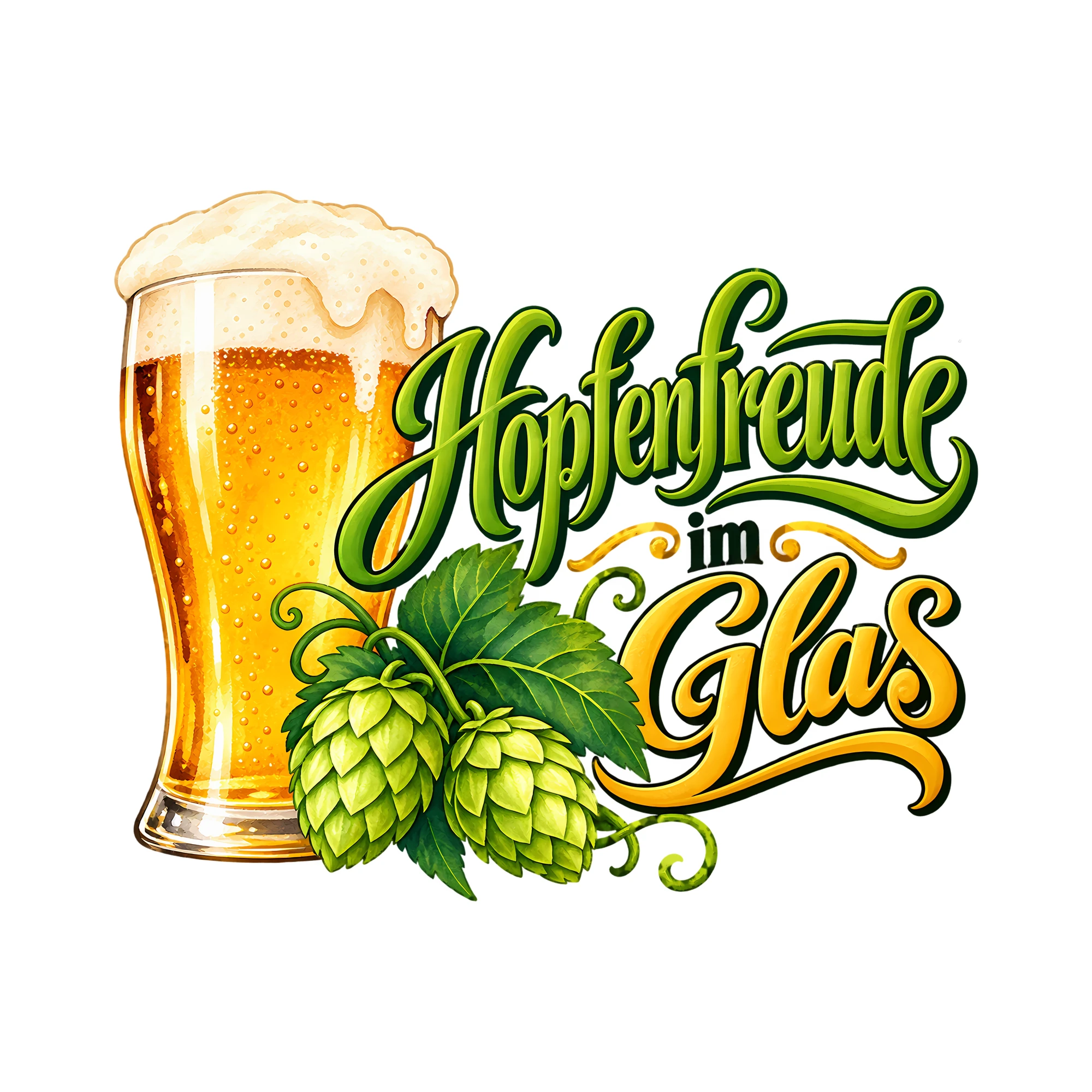 Bügelbild Hopfenfreude im Glas als Grafik auf weißem Hintergrund (BB011966)