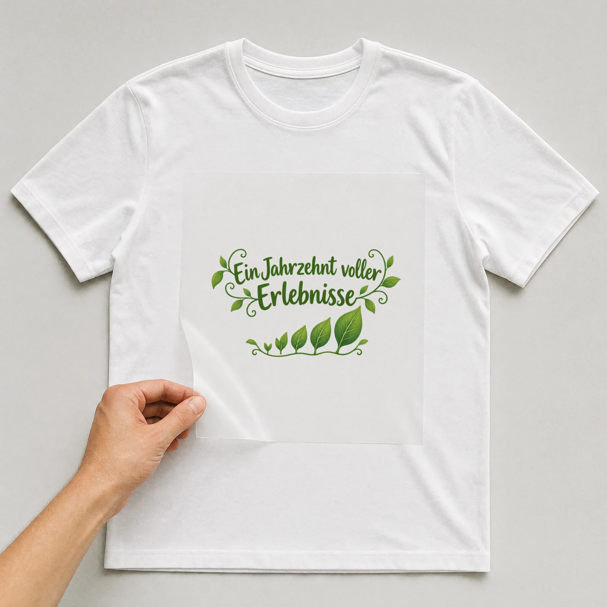 Bügelbild „Ein Jahrzehnt voller Erlebnisse“ auf weißem T-Shirt, Folie wird aufgelegt