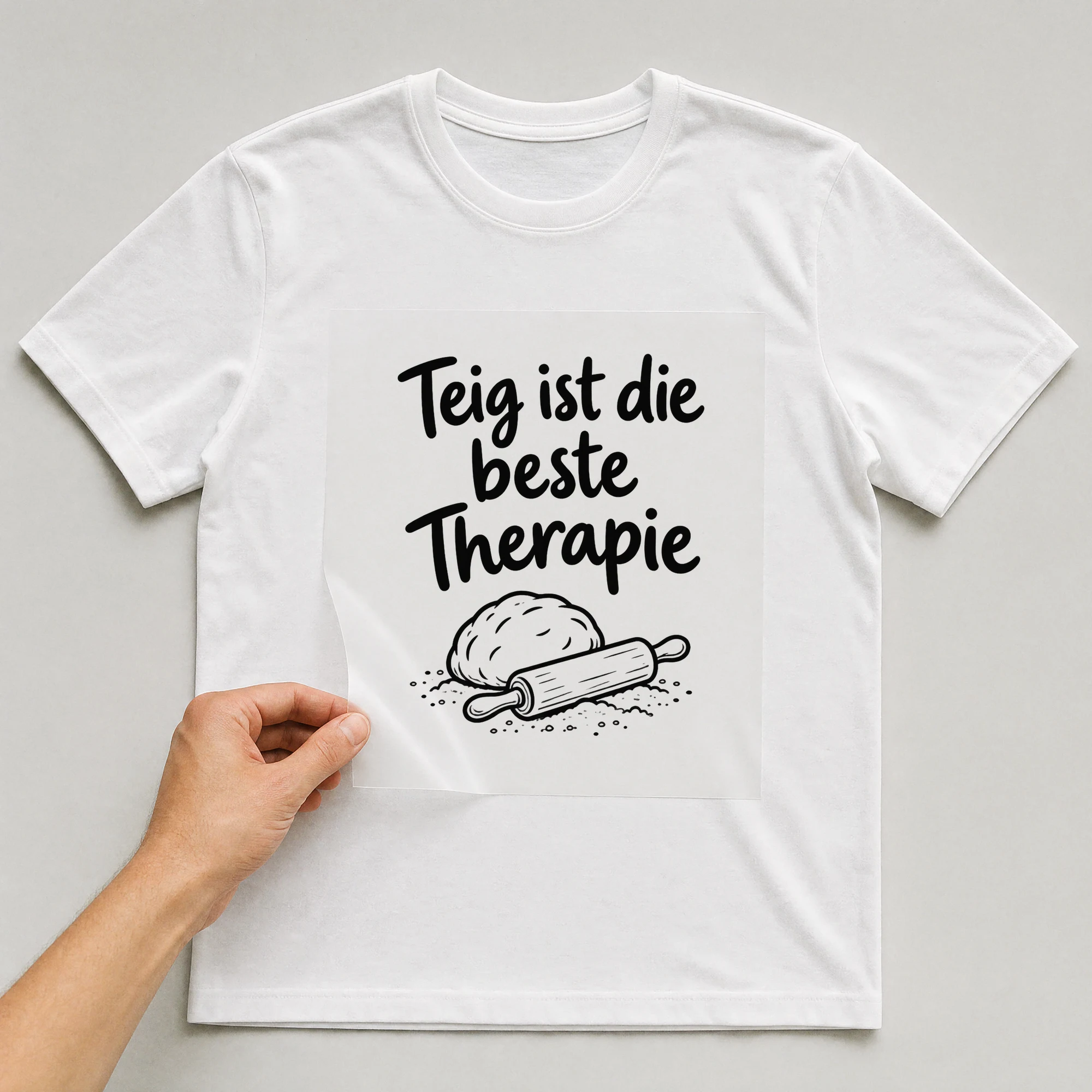 Bügelbild „Teig ist die beste Therapie“ auf weißem T-Shirt, Folie wird aufgelegt