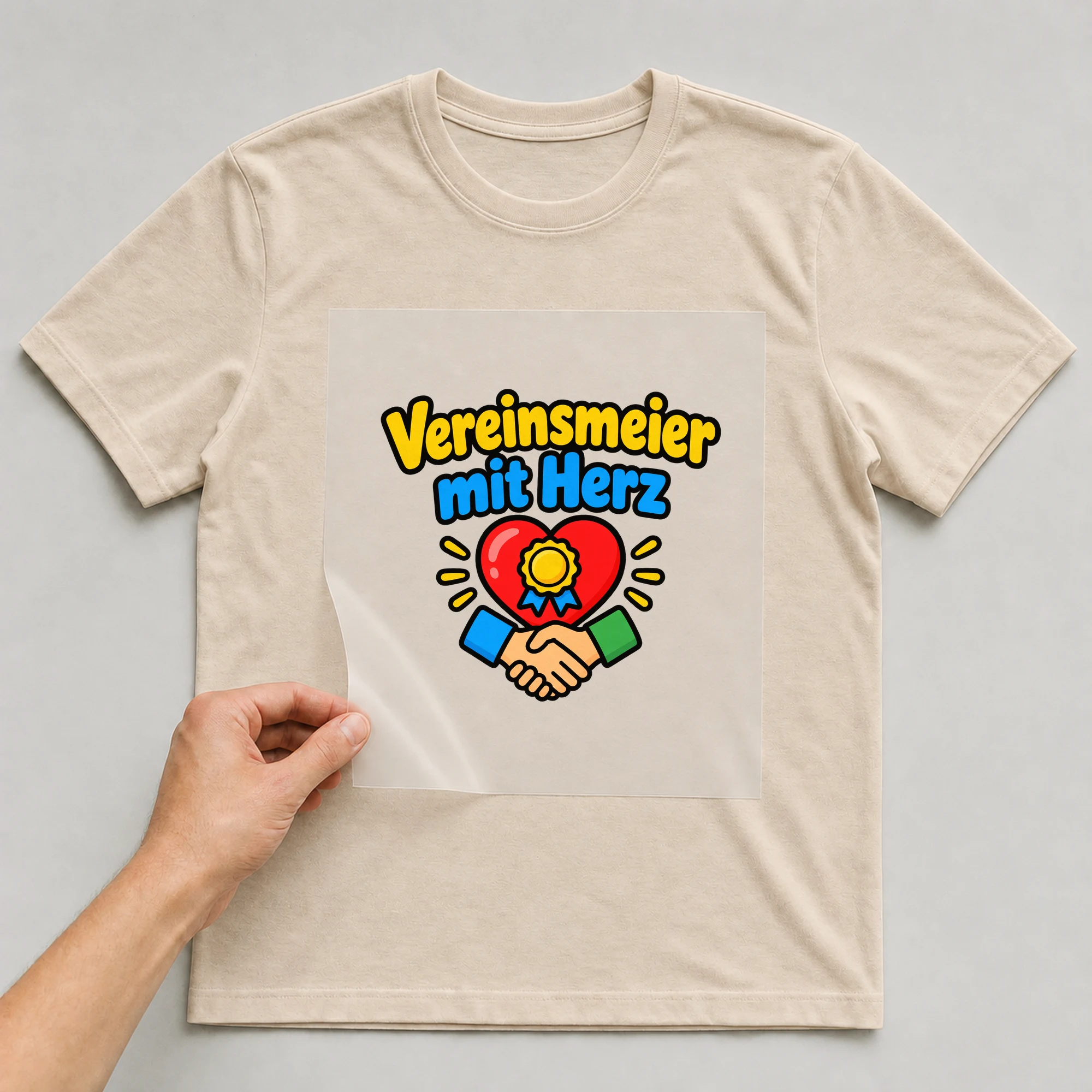 Bügelbild „Vereinsmeier mit Herz“ auf beigem T-Shirt, Folie wird aufgelegt